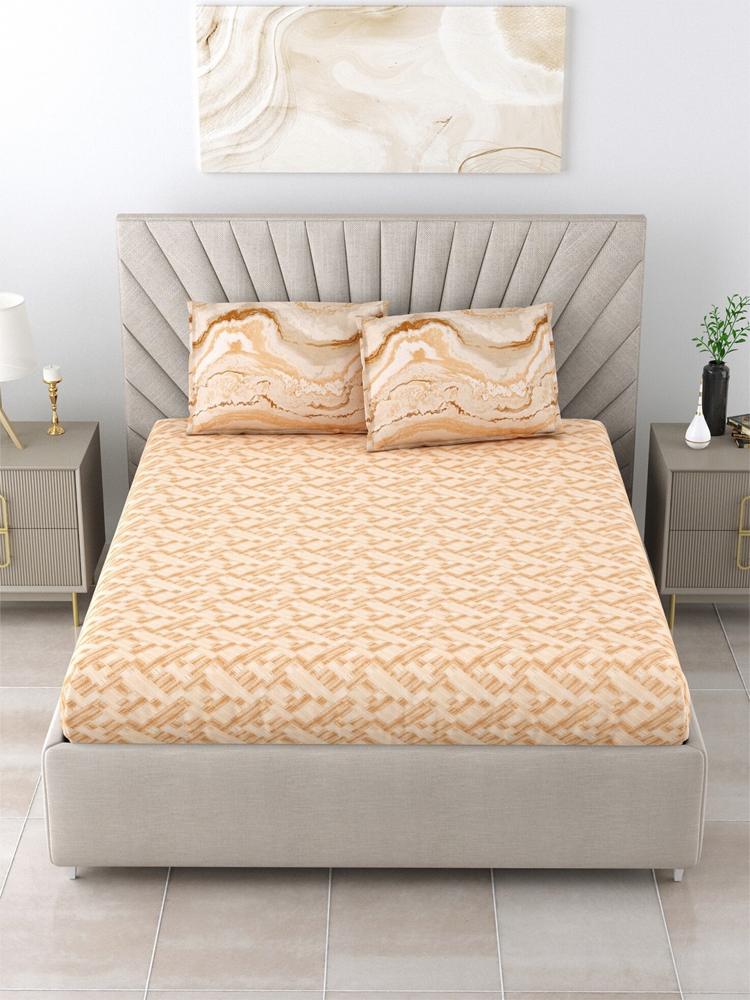 Salona Bichona Gold-Toned Geometric Cotton 120 TC Queen Bedsheet With 2 Pillow Covers
Salona Bichona Gold-Toned Geometric Cotton 120 TC Queen Bedsheet With 2 Pillow Covers