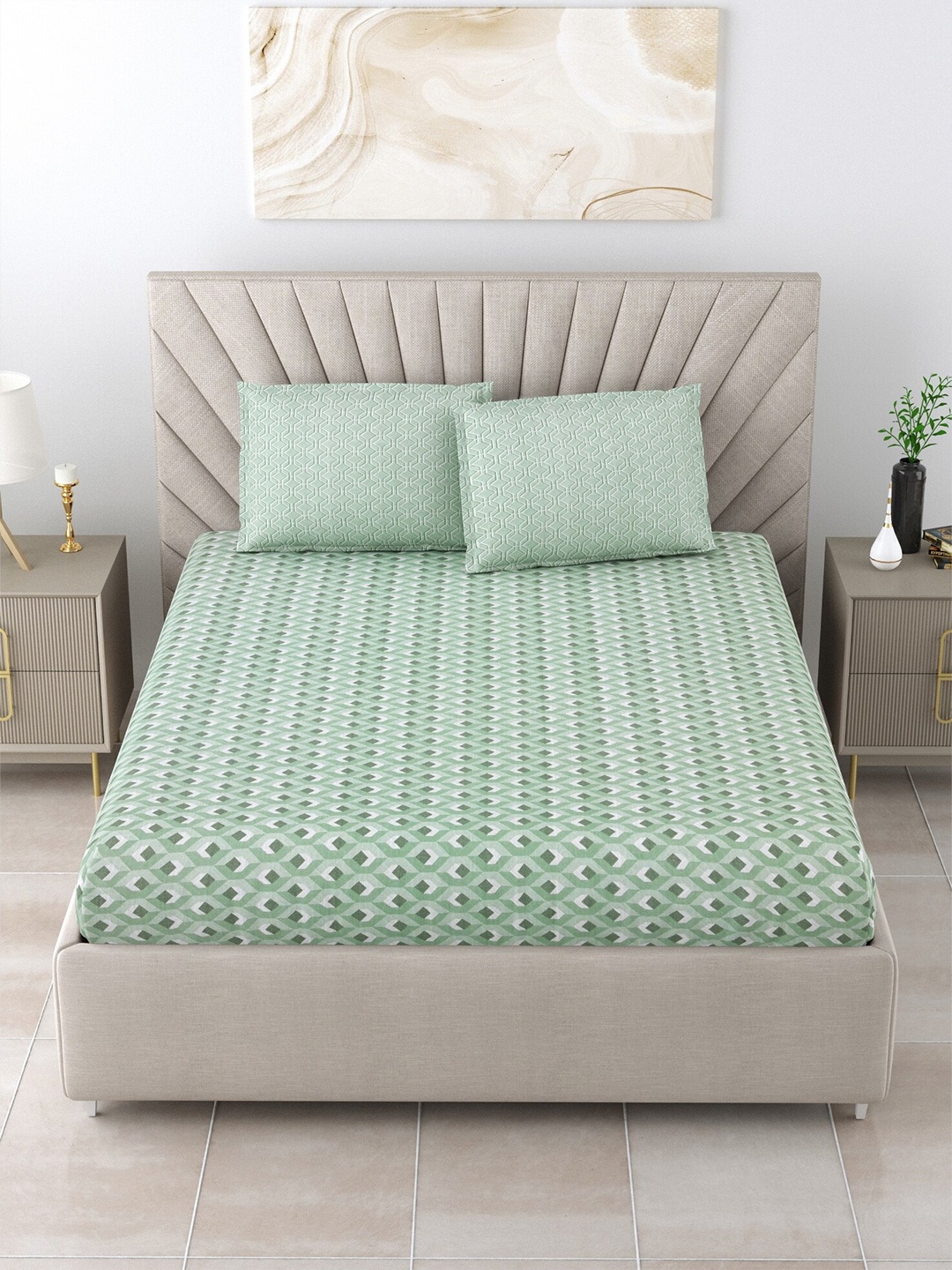 Salona Bichona Sea Green Geometric Reversible Cotton 180 TC Queen Bedsheet & Pillow Covers
Salona Bichona Sea Green Geometric Reversible Cotton 180 TC Queen Bedsheet & Pillow Covers