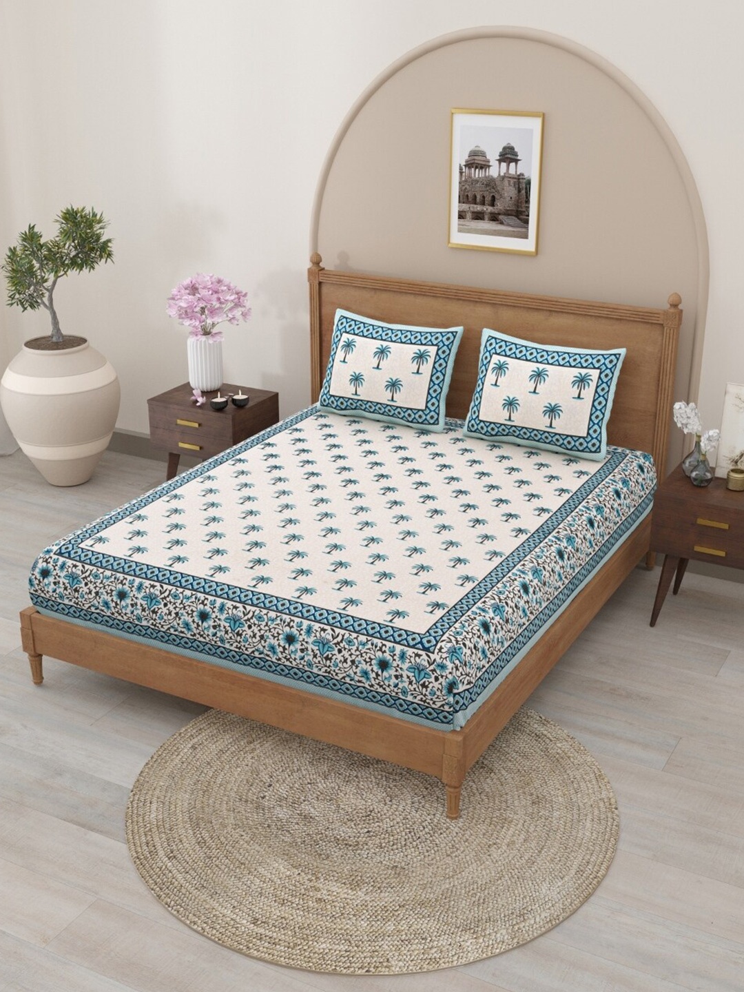 Salona Bichona Blue & Cream Floral Pure Cotton 120 TC Queen Bedsheet with 2 Pillow Covers
Salona Bichona Blue & Cream Floral Pure Cotton 120 TC Queen Bedsheet with 2 Pillow Covers