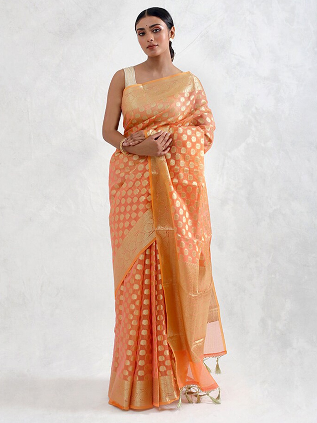 AllSilks Geometric Woven Design Zari Saree, Orange