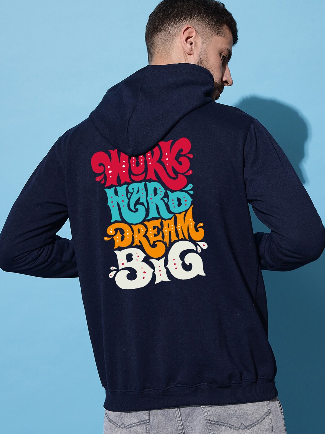 Imsa Moda Typography Printed Hooded Fleece Sweatshirt, Navy blue