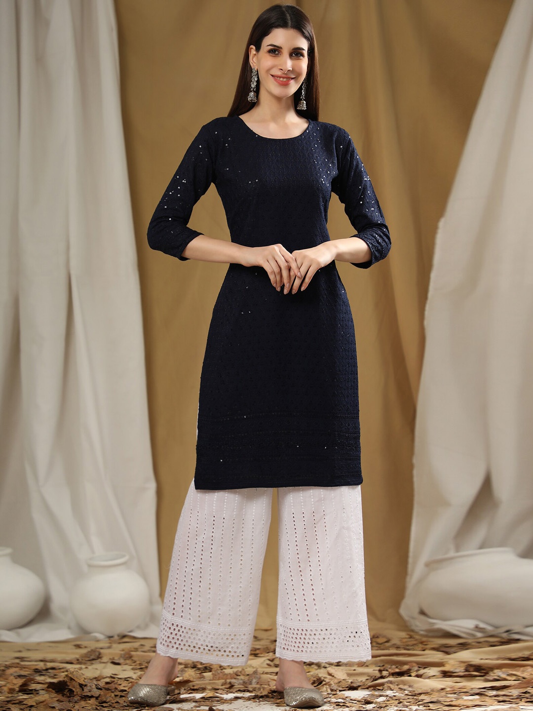 BLACK SCISSOR Chikankari Embroidered Sequinned Georgette Kurta, Navy blue