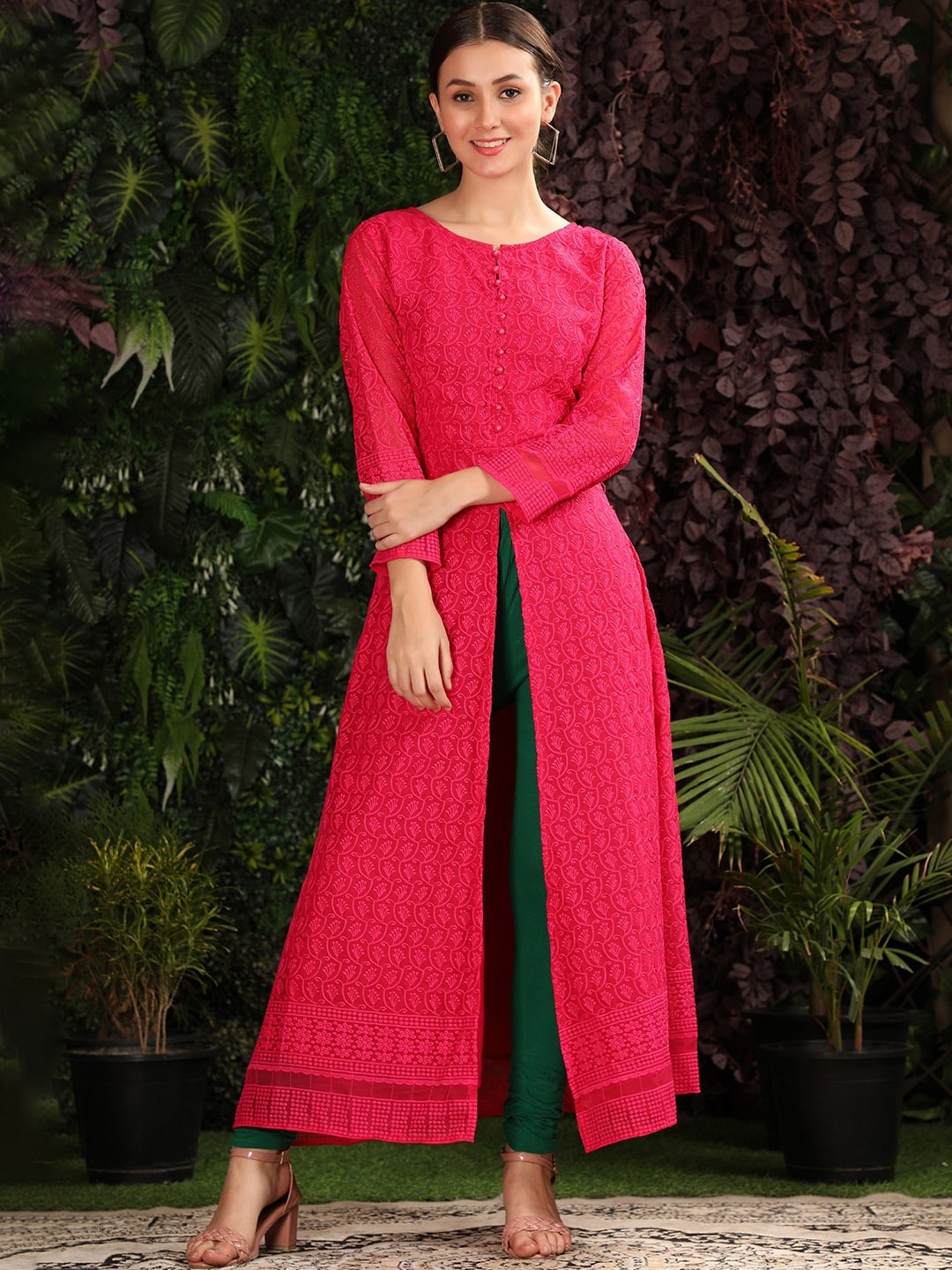 BLACK SCISSOR Ethnic Motifs Embroidered Georgette A-Line Kurta, Pink