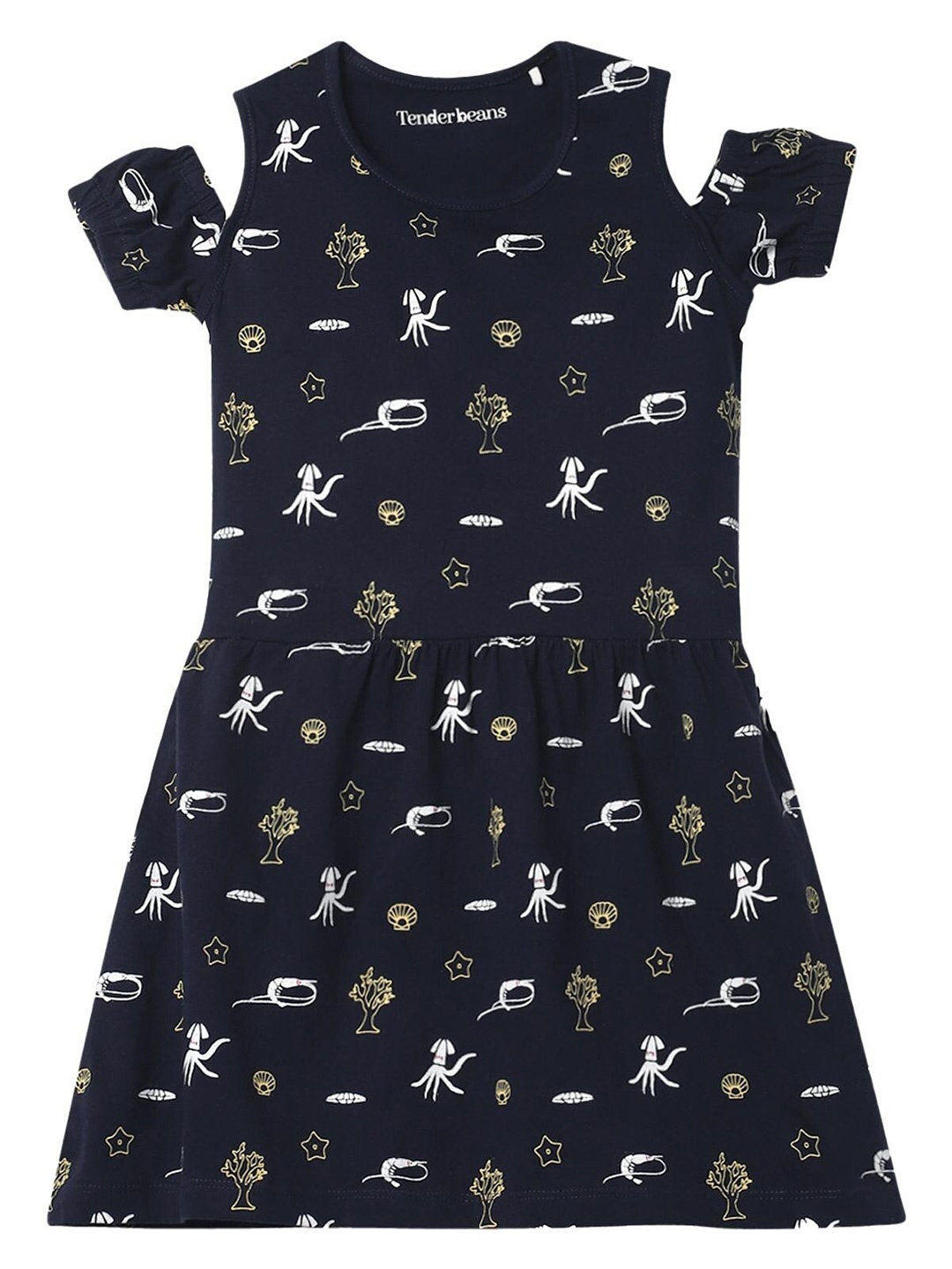 UrbanMark Girls Conversational Printed Cold-Shoulder Pure Cotton A-Line Dress, Navy blue
UrbanMark Girls Conversational Printed Cold-Shoulder Pure Cotton A-Line Dress, Navy blue