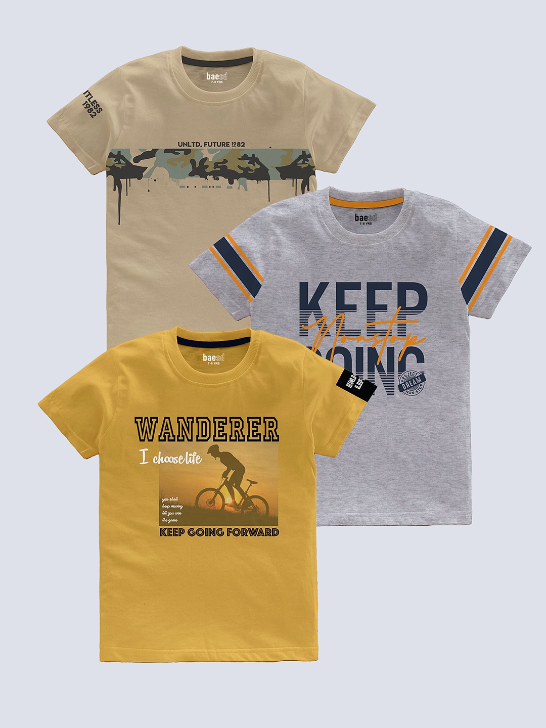 BAESD Boys Pack Of 3 Typography Printed Round Neck Short Sleeves Pure Cotton T-shirt, Khaki
BAESD Boys Pack Of 3 Typography Printed Round Neck Short Sleeves Pure Cotton T-shirt, Khaki