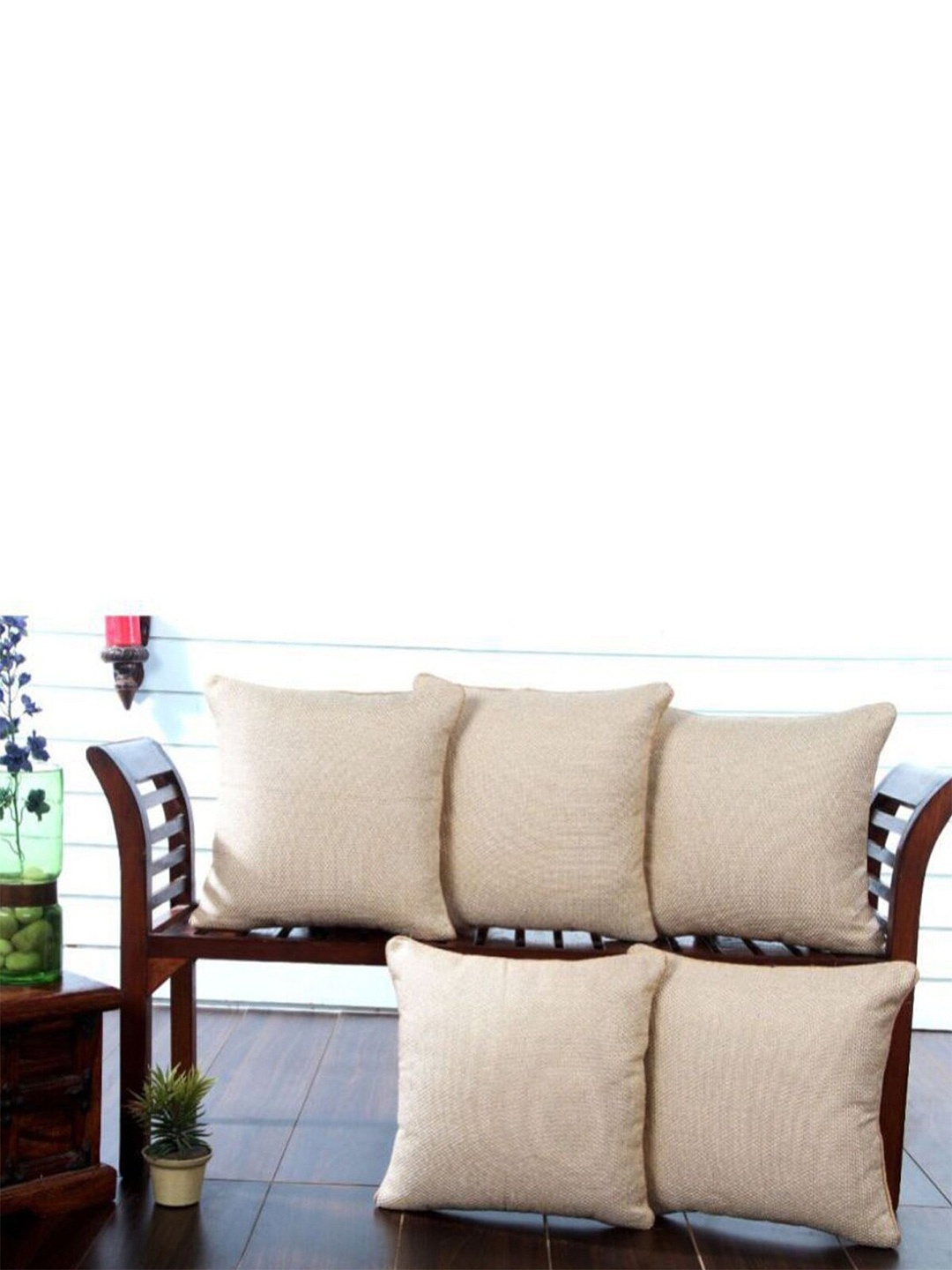HOMETALES 5 Pieces Cream-Coloured Jute Square Cushion Covers