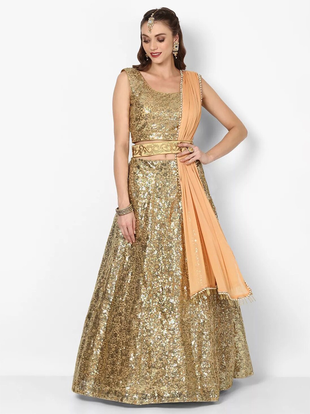 FABPIXEL Embroidered Sequinned Semi-Stitched Lehenga & Unstitched Blouse With Dupatta, Gold
FABPIXEL Embroidered Sequinned Semi-Stitched Lehenga & Unstitched Blouse With Dupatta, Gold
