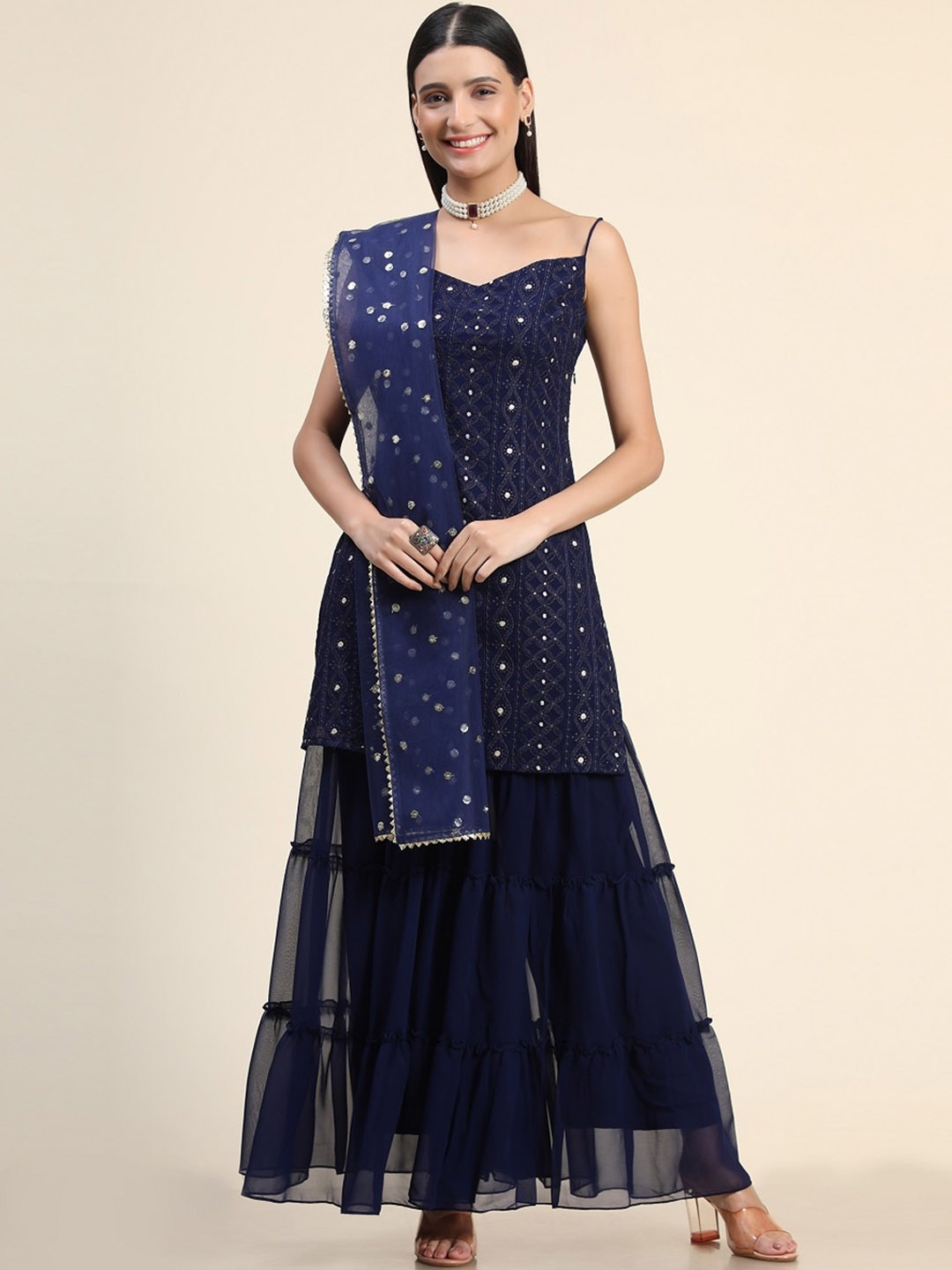 BLACK SCISSOR Ethnic Motifs Embroidered Sweetheart Neck Gotta Patti Kurta Set With Dupatta, Blue
BLACK SCISSOR Ethnic Motifs Embroidered Sweetheart Neck Gotta Patti Kurta Set With Dupatta, Blue