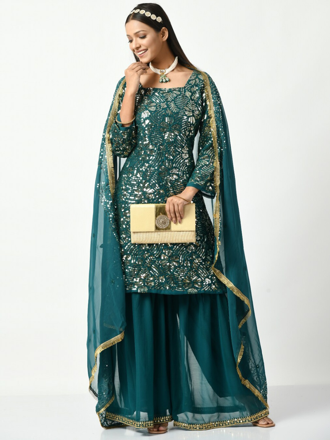 Angroop Floral Embroidered Sequined Grandeur & Majestic Work Kurta & Sharara With Dupatta, Teal
Angroop Floral Embroidered Sequined Grandeur & Majestic Work Kurta & Sharara With Dupatta, Teal
