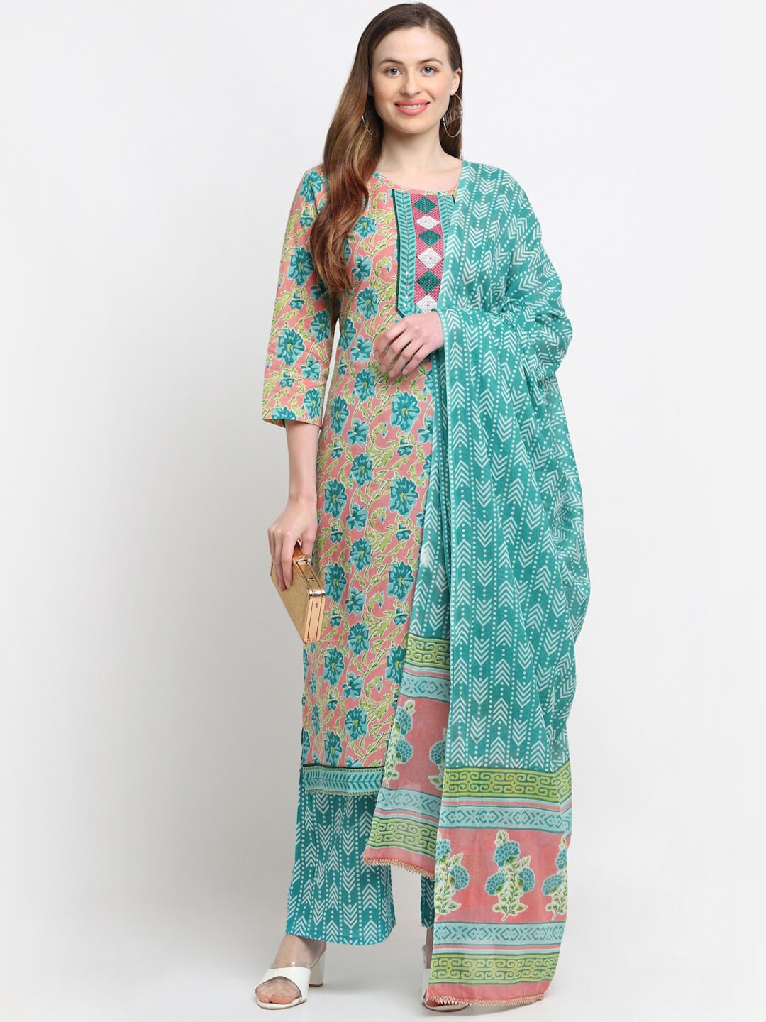 KALINI Floral Printed Round Neck Sequinned Pure Cotton Kurta with Palazzos & Dupatta, Pink
KALINI Floral Printed Round Neck Sequinned Pure Cotton Kurta with Palazzos & Dupatta, Pink