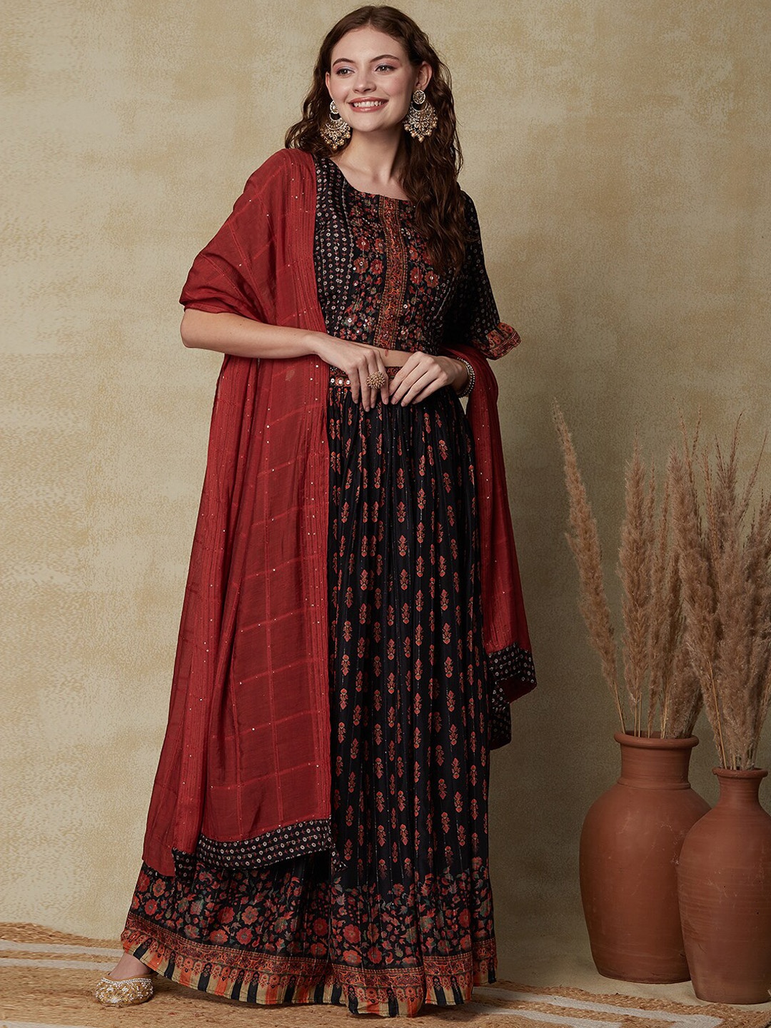 FASHOR Ethnic Motifs Printed Mirror Work Ready to Wear Lehenga & Blouse With Dupatta, Black
FASHOR Ethnic Motifs Printed Mirror Work Ready to Wear Lehenga & Blouse With Dupatta, Black
