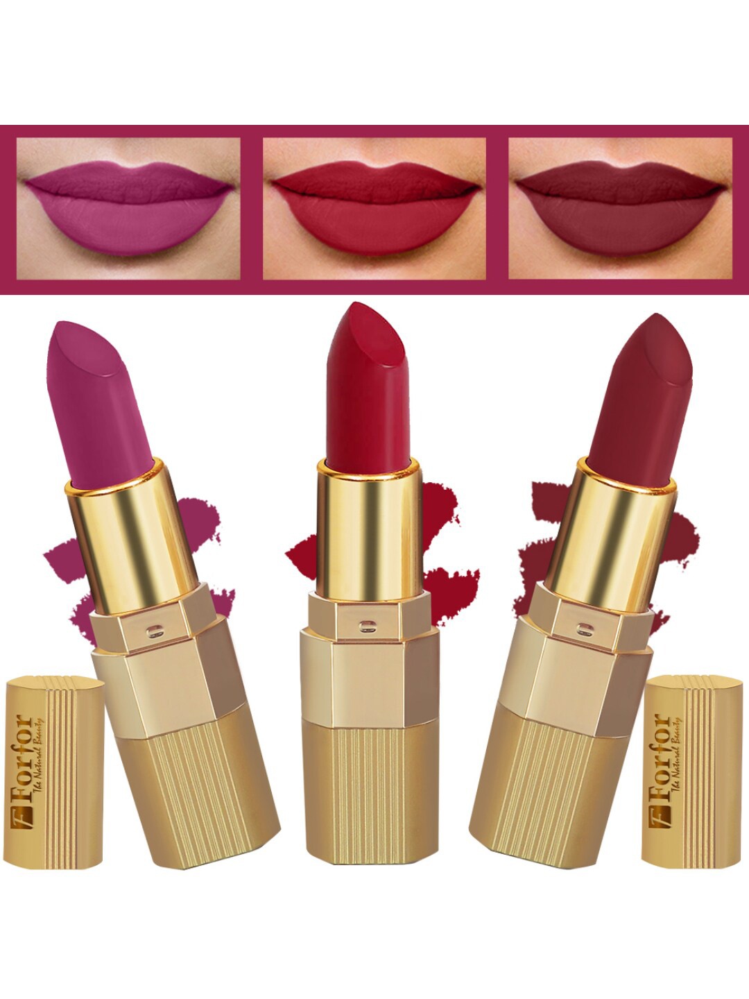 FORFOR Xpression Set Of 3 Stick Matte Lipsticks-Magenta 302-Red Velvet 303-Cherry Red 304, Multi
FORFOR Xpression Set Of 3 Stick Matte Lipsticks-Magenta 302-Red Velvet 303-Cherry Red 304, Multi