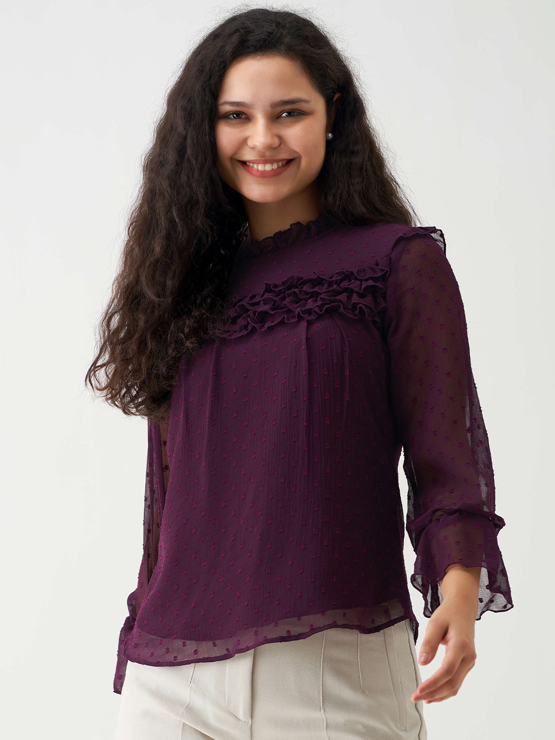 AASK Self Design Bell Sleeves High Neck Ruffled Top, Purple 
AASK Self Design Bell Sleeves High Neck Ruffled Top, Purple