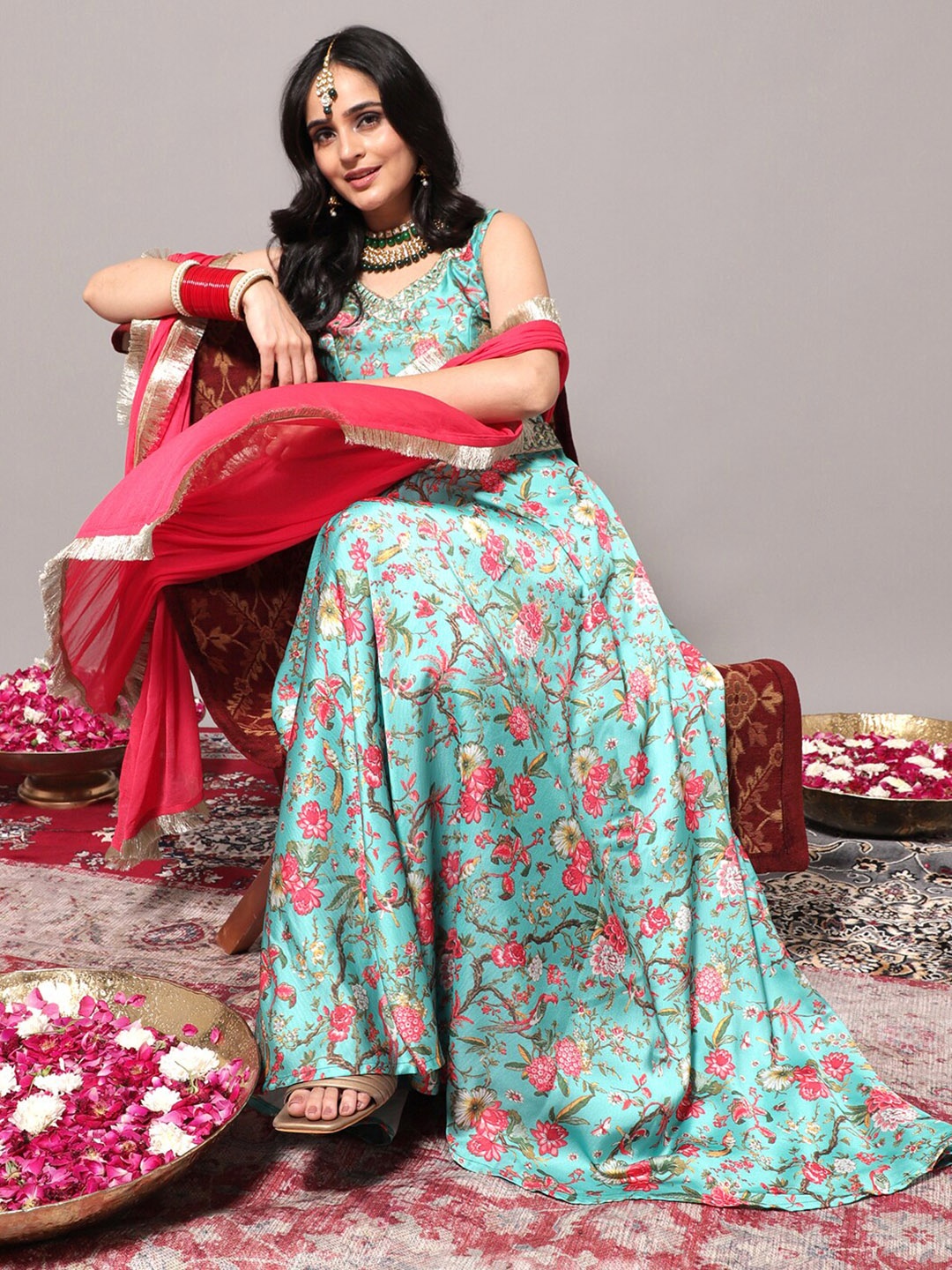 Varanga Floral Printed Mirror Work Ready to Wear Lehenga & Blouse With Dupatta, Turquoise blue
Varanga Floral Printed Mirror Work Ready to Wear Lehenga & Blouse With Dupatta, Turquoise blue