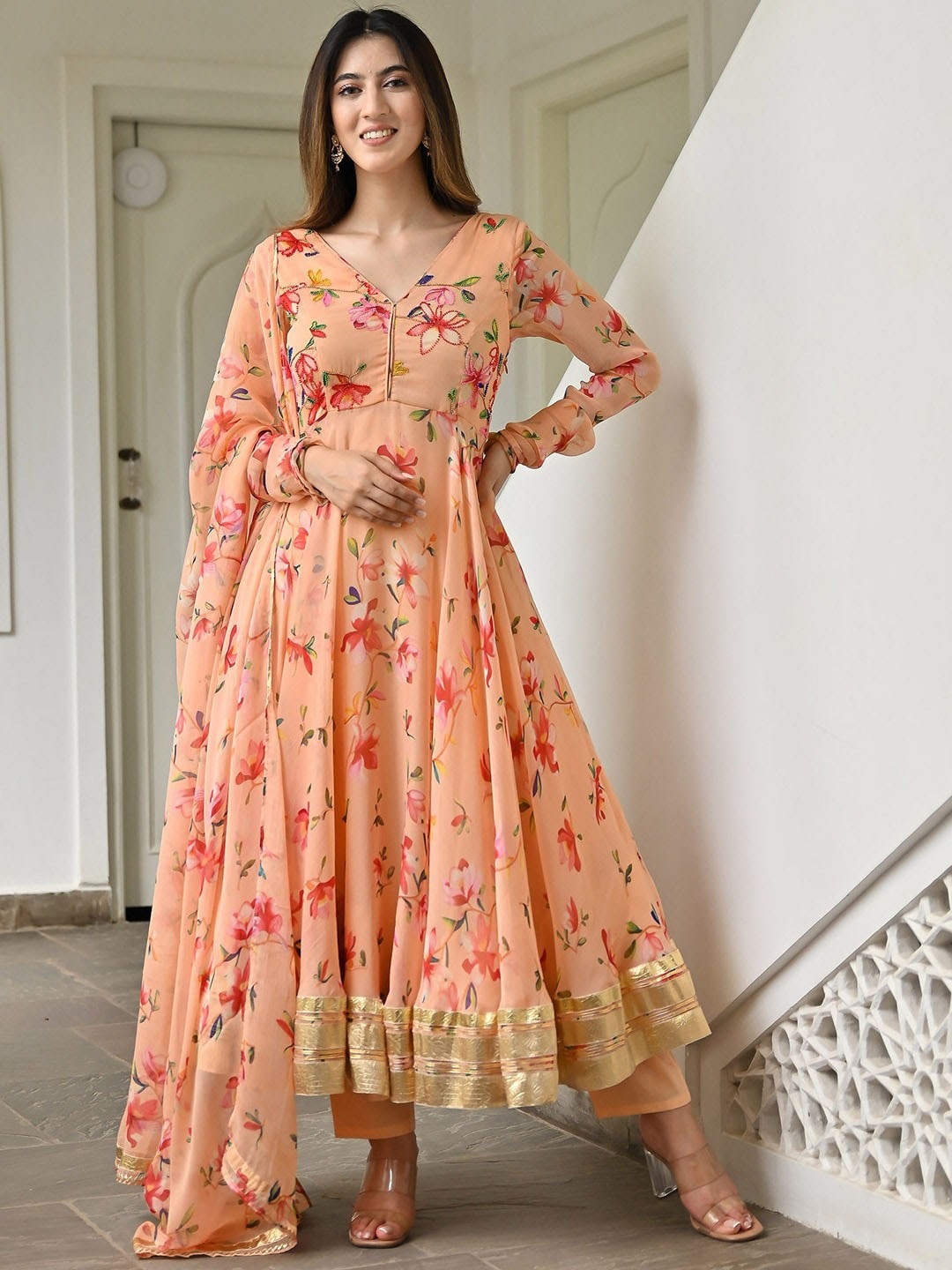 Lavanya The Label Floral Printed V-Neck Anarkali Kurta & Trouser With Dupatta, Peach
Lavanya The Label Floral Printed V-Neck Anarkali Kurta & Trouser With Dupatta, Peach