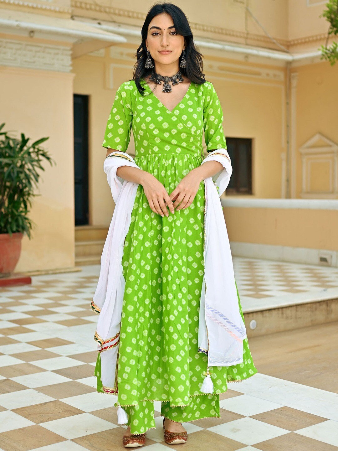 Lavanya The Label Bandhani Printed Angrakha Pure Cotton Kurta With Palazzos & Dupatta, Green
Lavanya The Label Bandhani Printed Angrakha Pure Cotton Kurta With Palazzos & Dupatta, Green