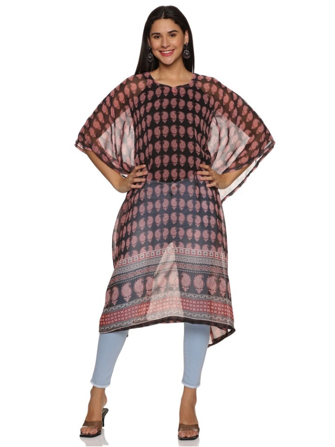 WEAVERS SAGA Ethnic Motifs Printed Sweetheart Neck Kimono Sleeves Georgette Kaftan Kurta, Black
WEAVERS SAGA Ethnic Motifs Printed Sweetheart Neck Kimono Sleeves Georgette Kaftan Kurta, Black