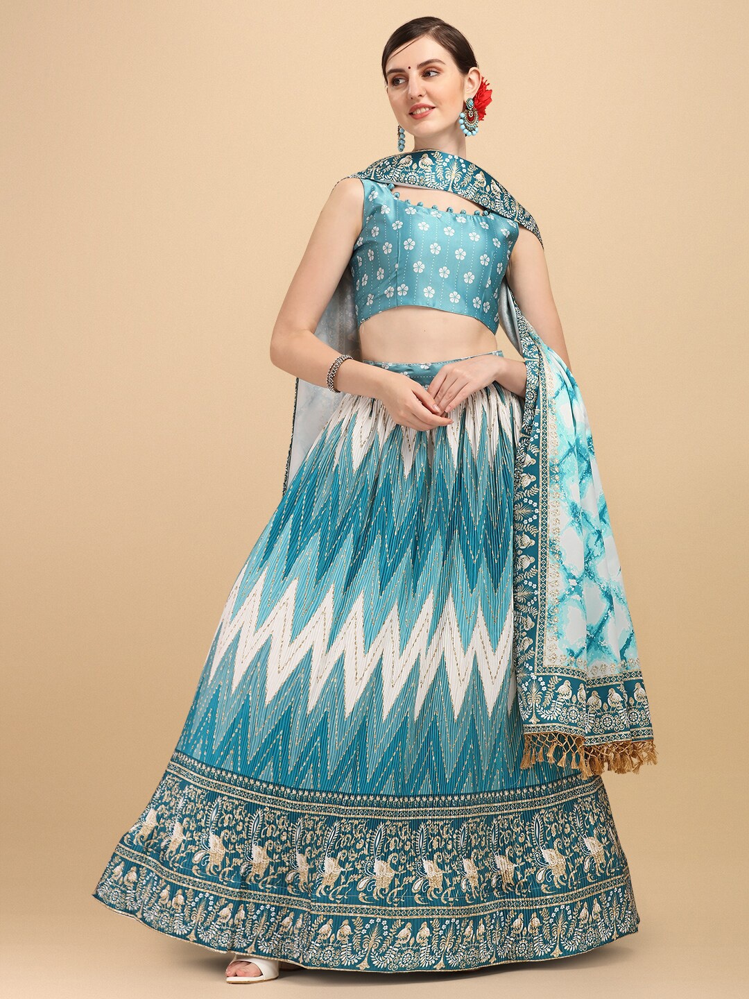 Mitera Turquoise Blue Printed Satin Semi-Stitched Lehenga & Unstitched Blouse With Dupatta
Mitera Turquoise Blue Printed Satin Semi-Stitched Lehenga & Unstitched Blouse With Dupatta