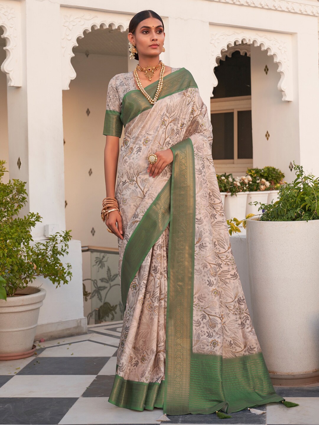 Saree mall Ethnic Motifs Printed Zari Pure Cotton Sungudi Saree, Cream