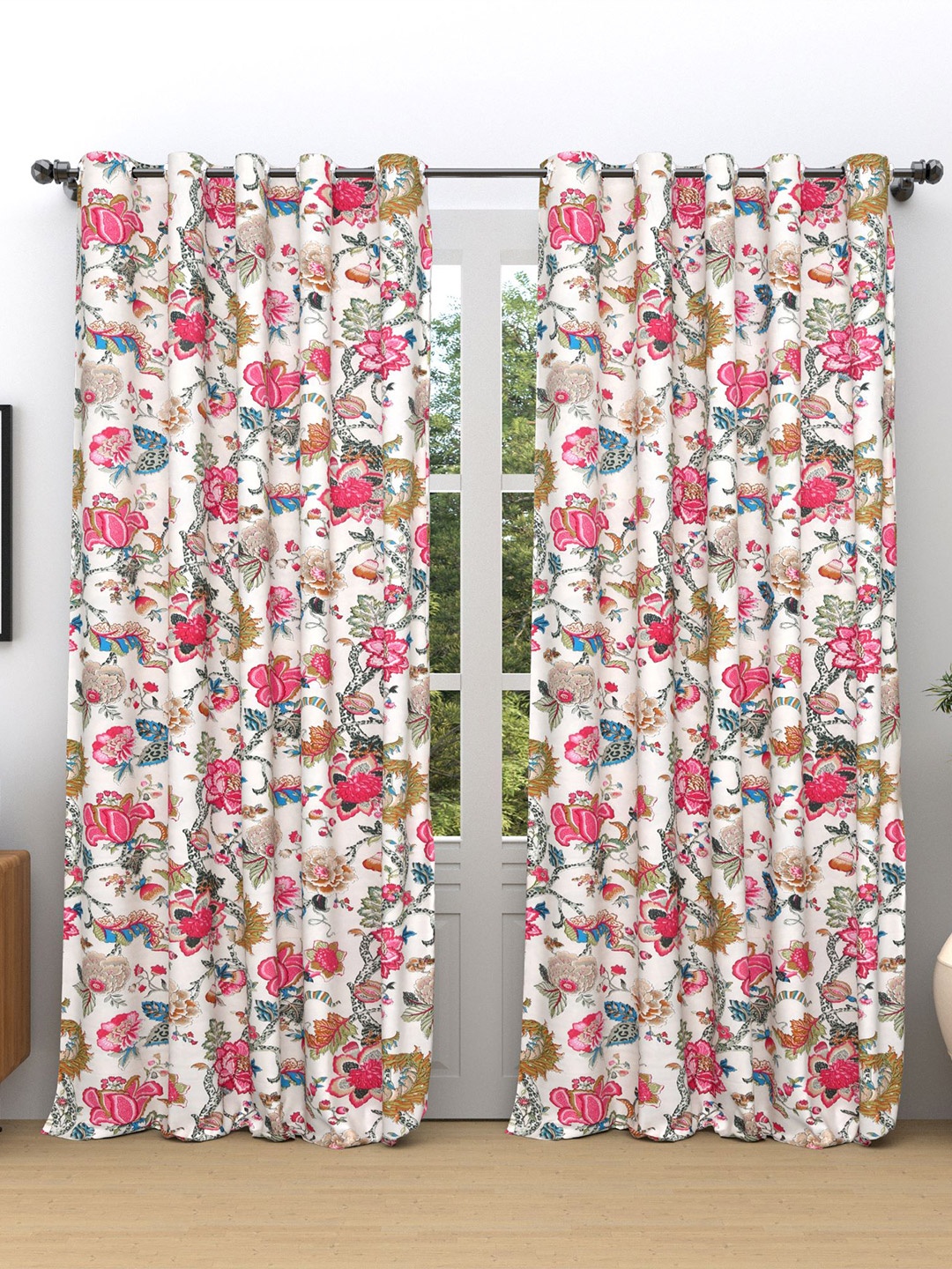 RAASO Pink & White 2 Pieces Floral Printed Room Darkening Cotton Long Door Curtains
