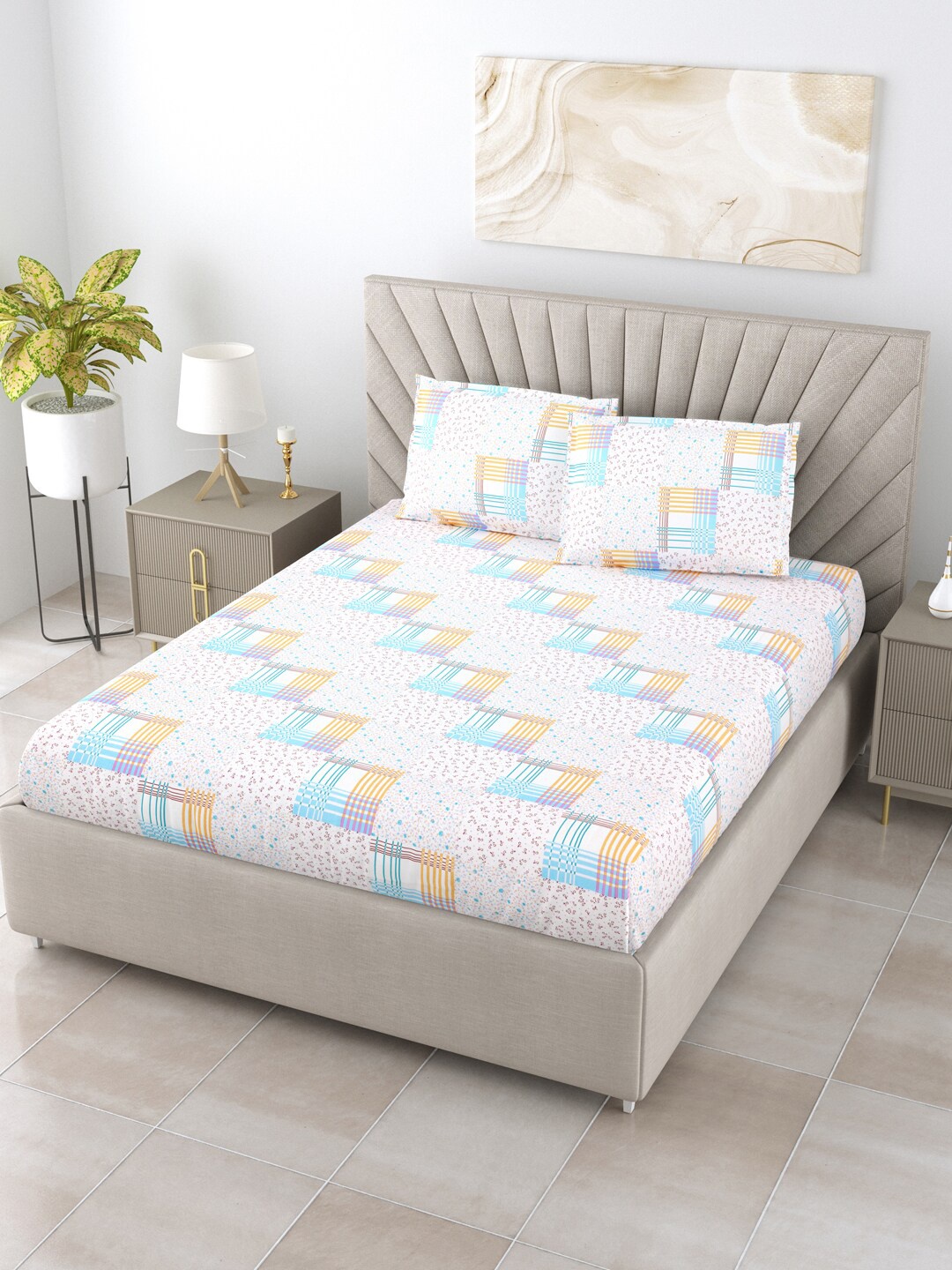 BOMBAY DYEING Allure White & Blue Pure Cotton 120 TC Super King Bedsheet & 2 Pillow Covers
BOMBAY DYEING Allure White & Blue Pure Cotton 120 TC Super King Bedsheet & 2 Pillow Covers