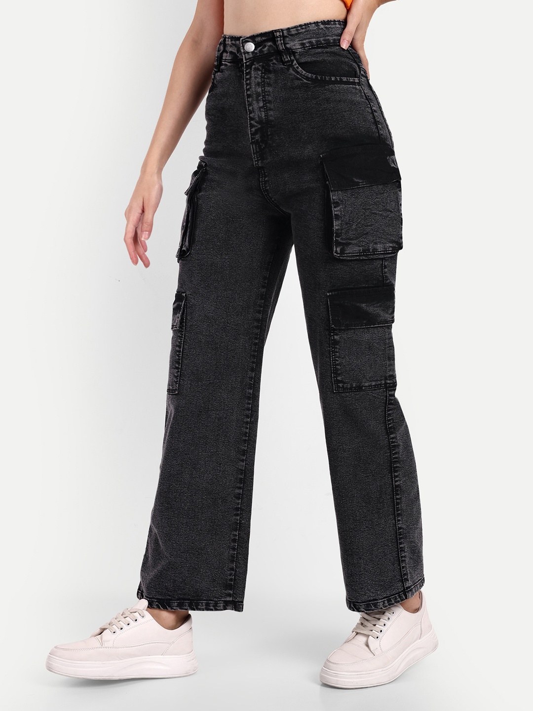 BROADSTAR Women Smart Wide Leg High-Rise Light Fade Clean Look Stretchable Cargo Jeans, Black
BROADSTAR Women Smart Wide Leg High-Rise Light Fade Clean Look Stretchable Cargo Jeans, Black