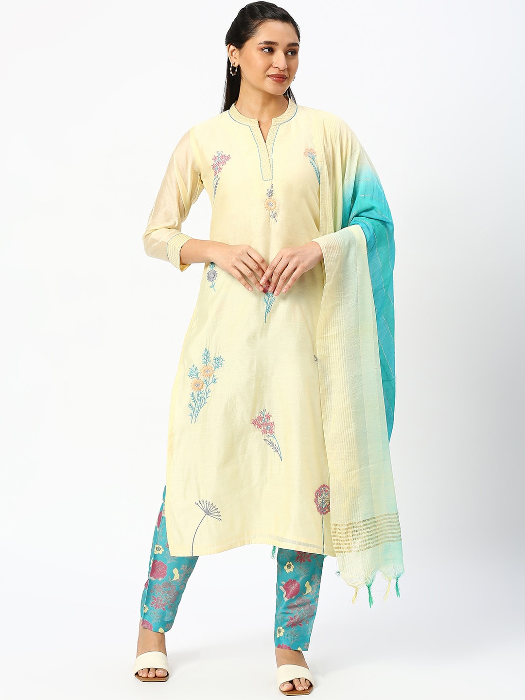 DRESSLINE Floral Embroidered Chanderi Silk Kurta with Salwar & With Dupatta, Yellow
DRESSLINE Floral Embroidered Chanderi Silk Kurta with Salwar & With Dupatta, Yellow