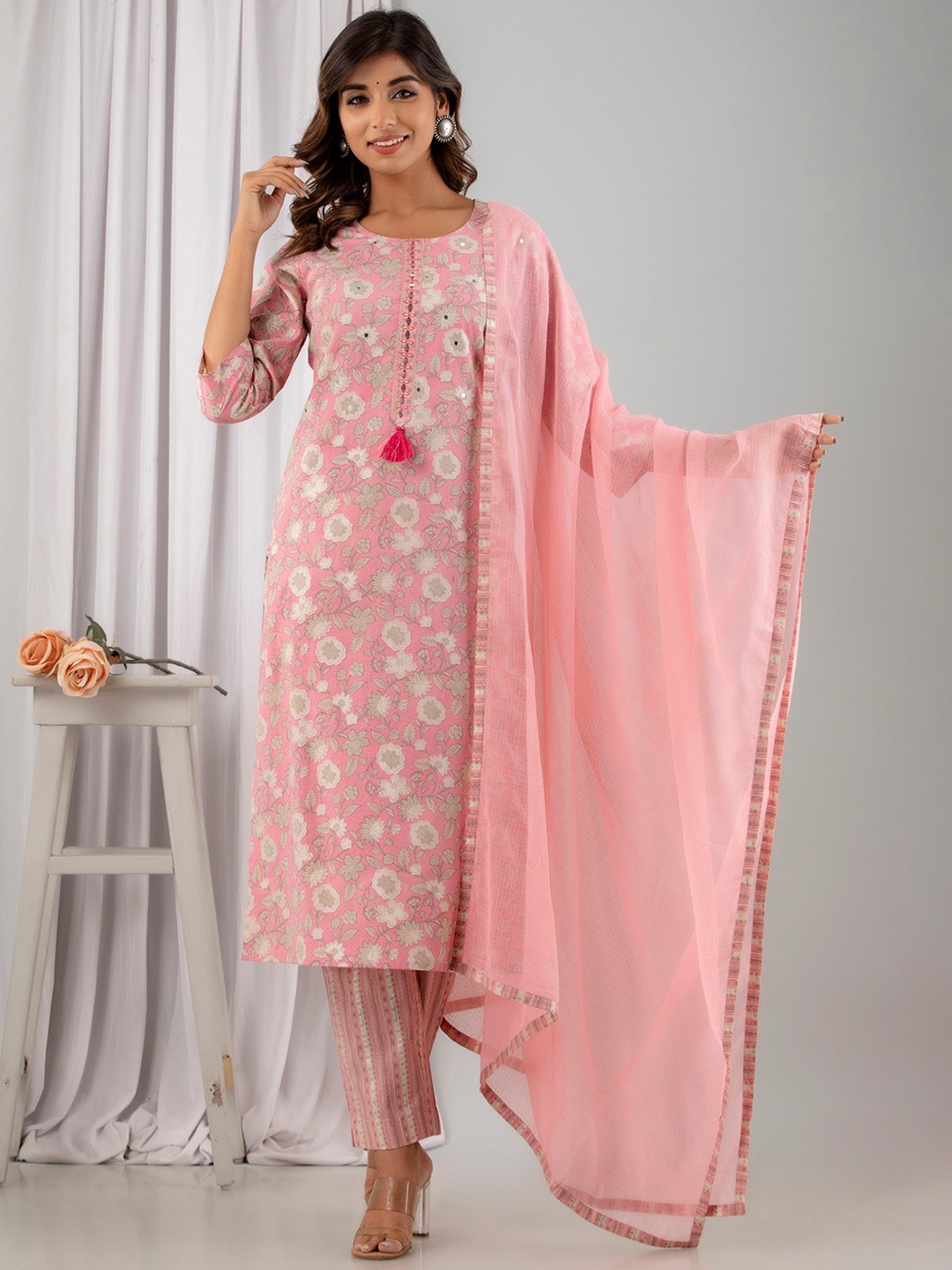 Kohsh Floral Printed Mirror Work Pure Cotton Kurta with Trousers & Dupatta, Pink
Kohsh Floral Printed Mirror Work Pure Cotton Kurta with Trousers & Dupatta, Pink