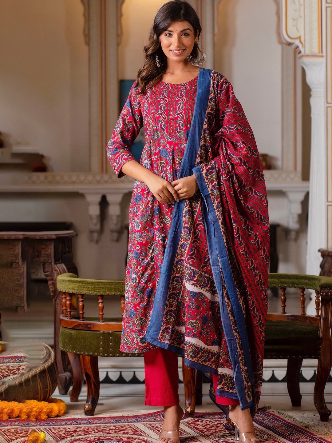 Kohsh Paisley Printed Empire Mirror Work Pure Cotton Kurta with Trousers & Dupatta, Pink
Kohsh Paisley Printed Empire Mirror Work Pure Cotton Kurta with Trousers & Dupatta, Pink