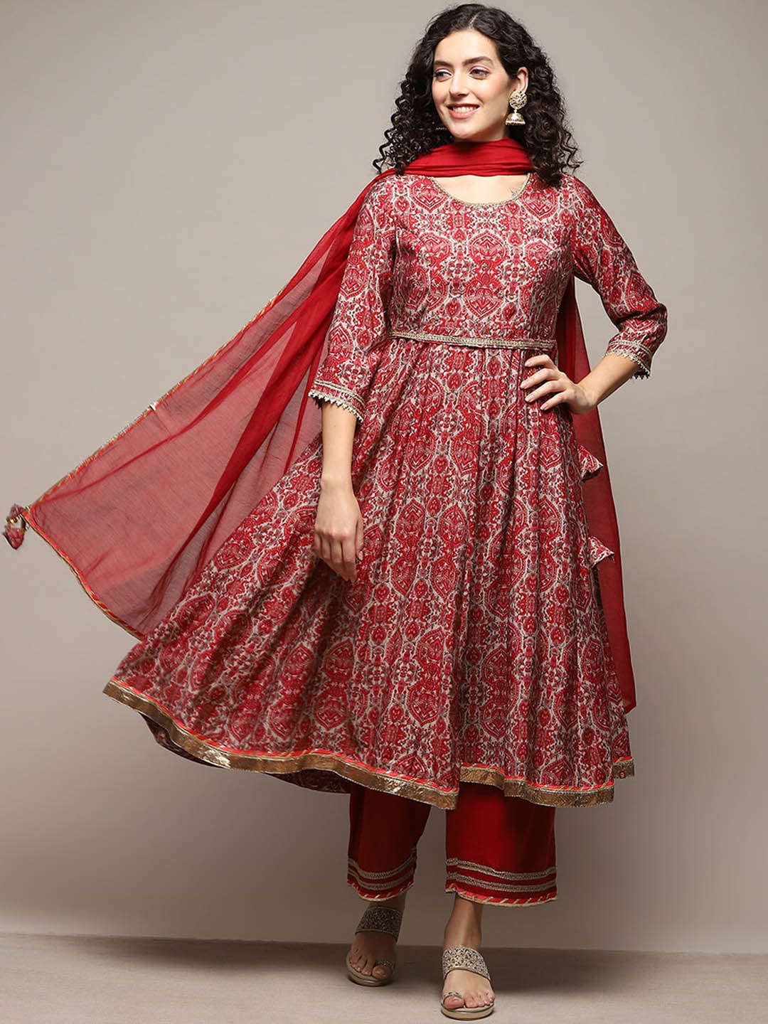 Biba Ethnic Motifs Printed Panelled Gotta Patti Anarkali Kurta with Palazzos & Dupatta, Red
Biba Ethnic Motifs Printed Panelled Gotta Patti Anarkali Kurta with Palazzos & Dupatta, Red