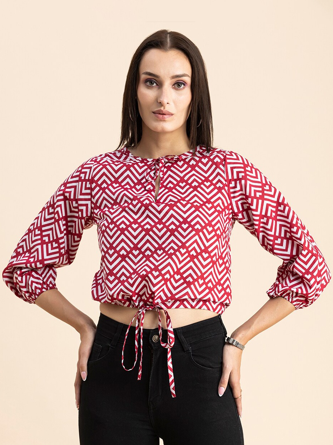 Moomaya Geometric Printed Cuffed Sleeves Cotton Blouson Crop Top With Waist Tie-Ups, Pink
Moomaya Geometric Printed Cuffed Sleeves Cotton Blouson Crop Top With Waist Tie-Ups, Pink