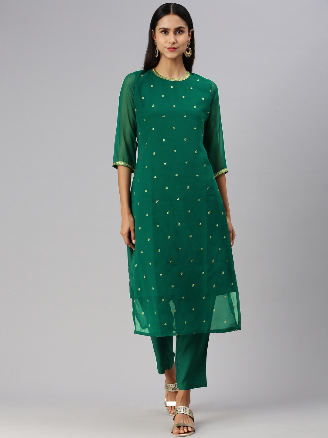 KALINI Women Ethnic Motifs Embroidered Regular Sequinned Kurta with Trousers, Green
KALINI Women Ethnic Motifs Embroidered Regular Sequinned Kurta with Trousers, Green