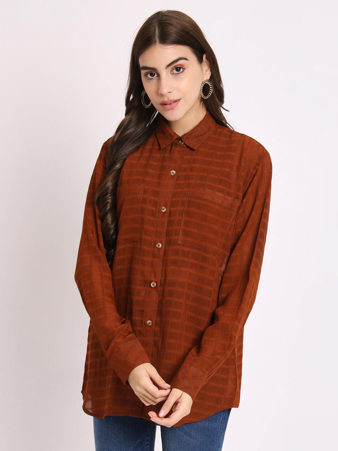 CHARMGAL Classic Tartan Checked Spread Collar Chest Pocket Longline Casual Shirt, Brown
CHARMGAL Classic Tartan Checked Spread Collar Chest Pocket Longline Casual Shirt, Brown