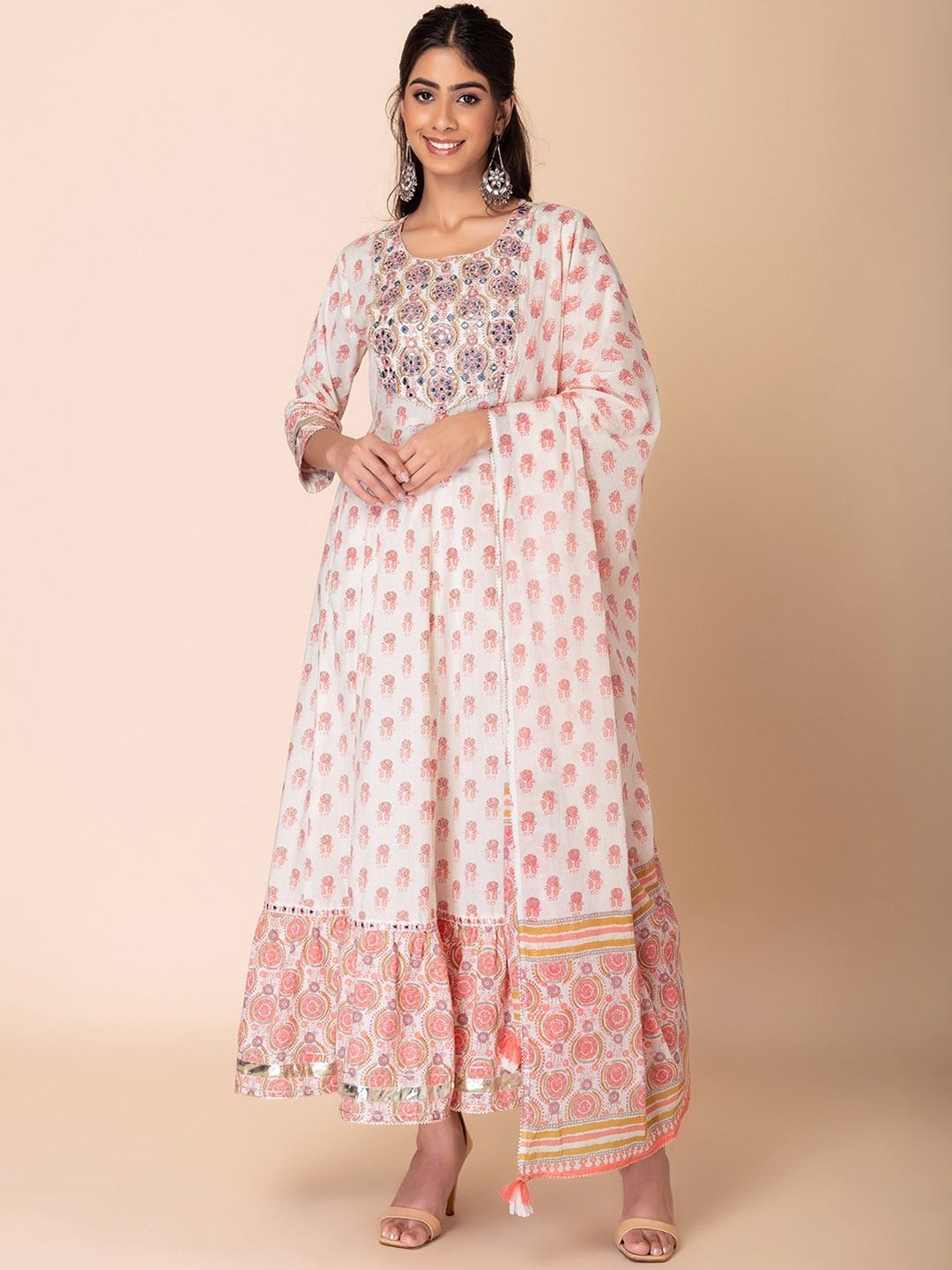 INDYA Ethnic Motifs Printed Mirror Work Pure Cotton Anarkali Kurta With Trouser & Dupatta, White
INDYA Ethnic Motifs Printed Mirror Work Pure Cotton Anarkali Kurta With Trouser & Dupatta, White