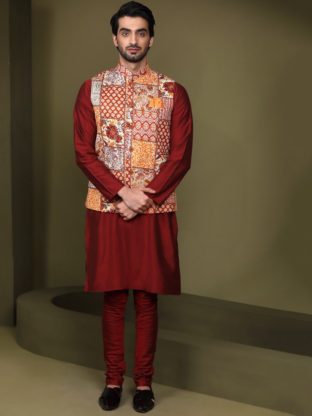 Sangria Mandarin Collar Straight Kurta & Churidar With Printed Nehru Jacket, Maroon
Sangria Mandarin Collar Straight Kurta & Churidar With Printed Nehru Jacket, Maroon