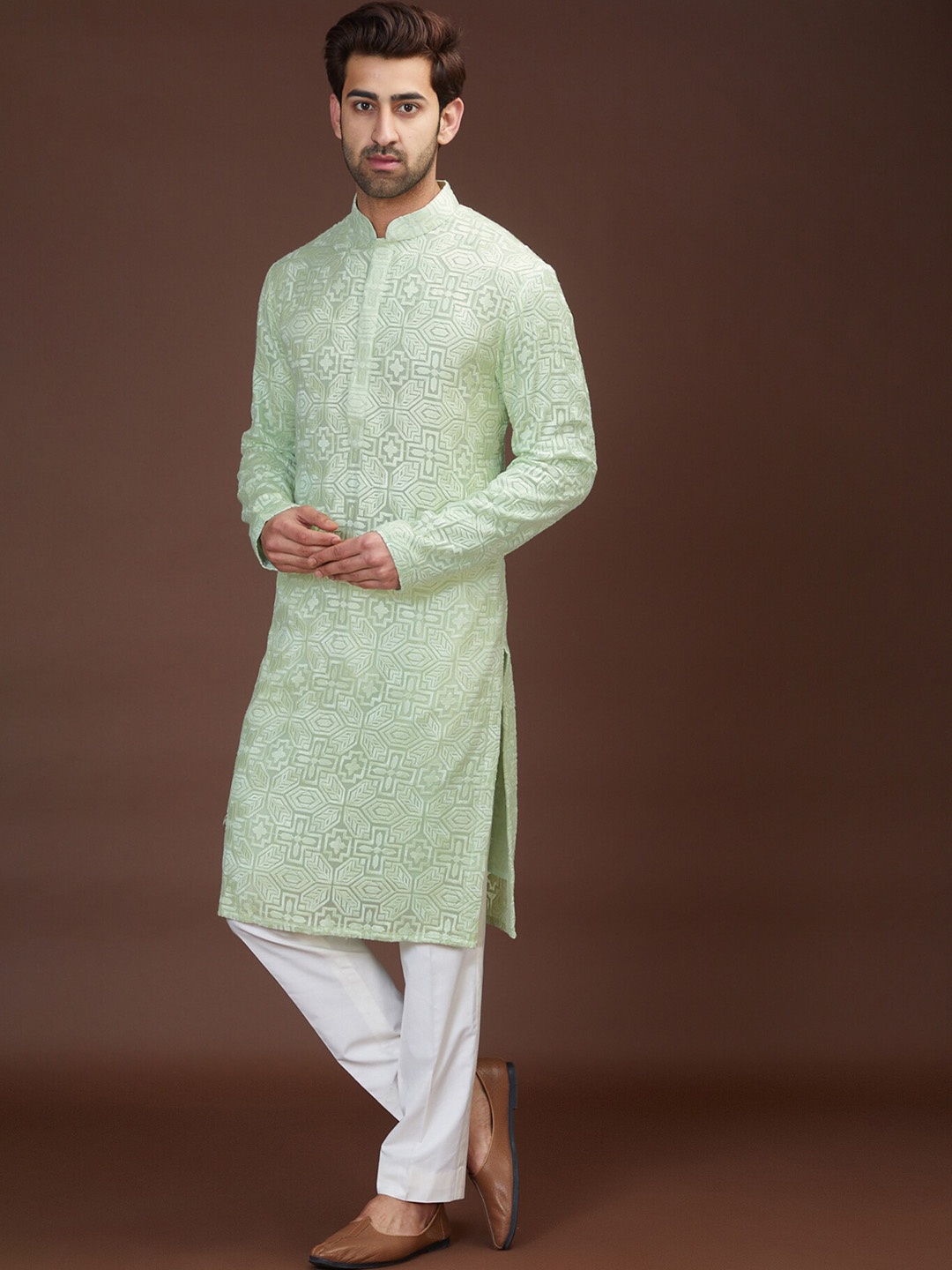 KASBAH CLOTHING NISHCHAIY SAJDEH Ethnic Motifs Woven Design Georgette Chikankari Kurta, Green
KASBAH CLOTHING NISHCHAIY SAJDEH Ethnic Motifs Woven Design Georgette Chikankari Kurta, Green