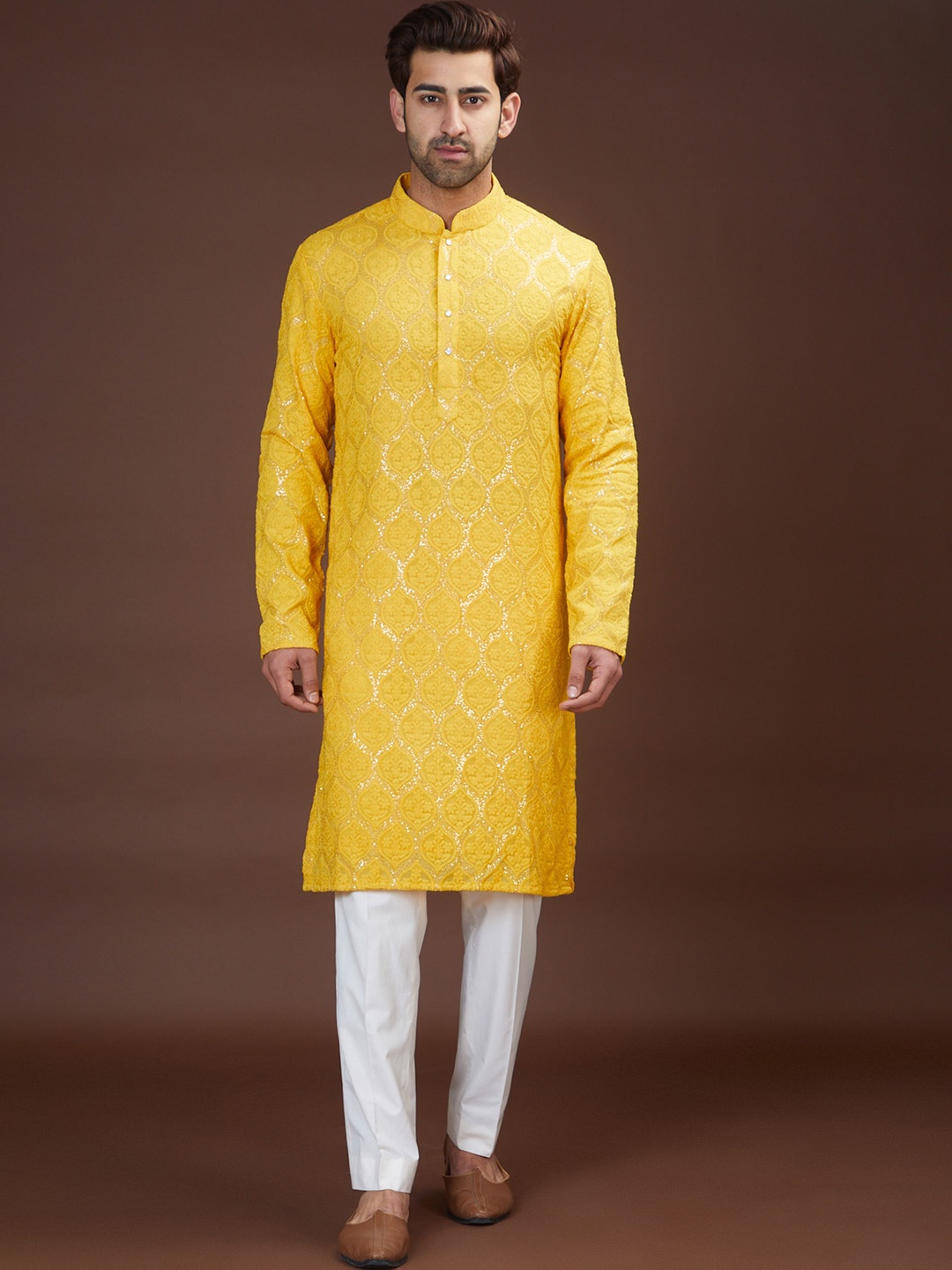 KASBAH CLOTHING NISHCHAIY SAJDEH Ethnic Motifs Embroidered Sequined Georgette Kurta, Yellow
KASBAH CLOTHING NISHCHAIY SAJDEH Ethnic Motifs Embroidered Sequined Georgette Kurta, Yellow
