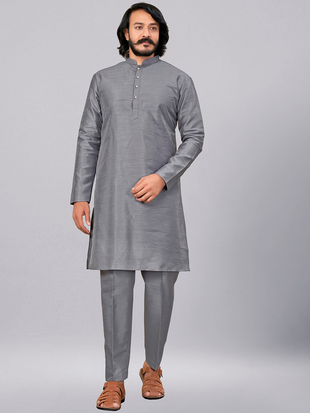 ZARIMO Mandarin Collar Kurta With Trousers, Grey