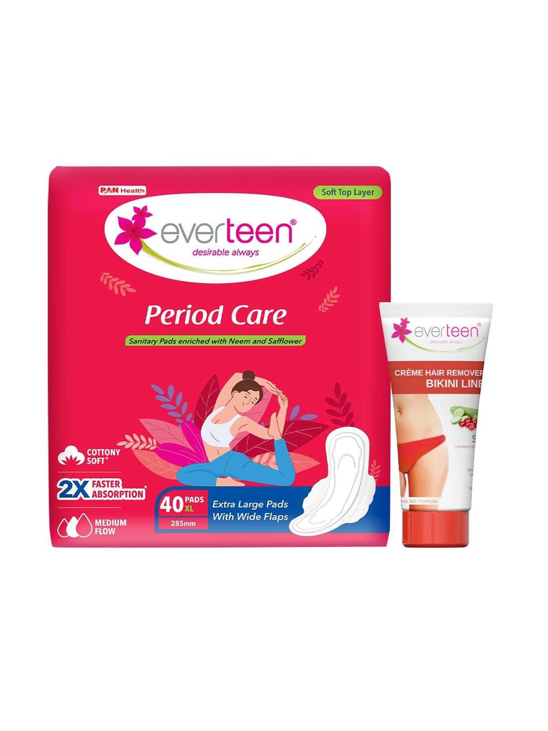 everteen Period Care XL Soft 40 Pads & Silky Bikini Line Hair Remover Cream 50g, White
everteen Period Care XL Soft 40 Pads & Silky Bikini Line Hair Remover Cream 50g, White