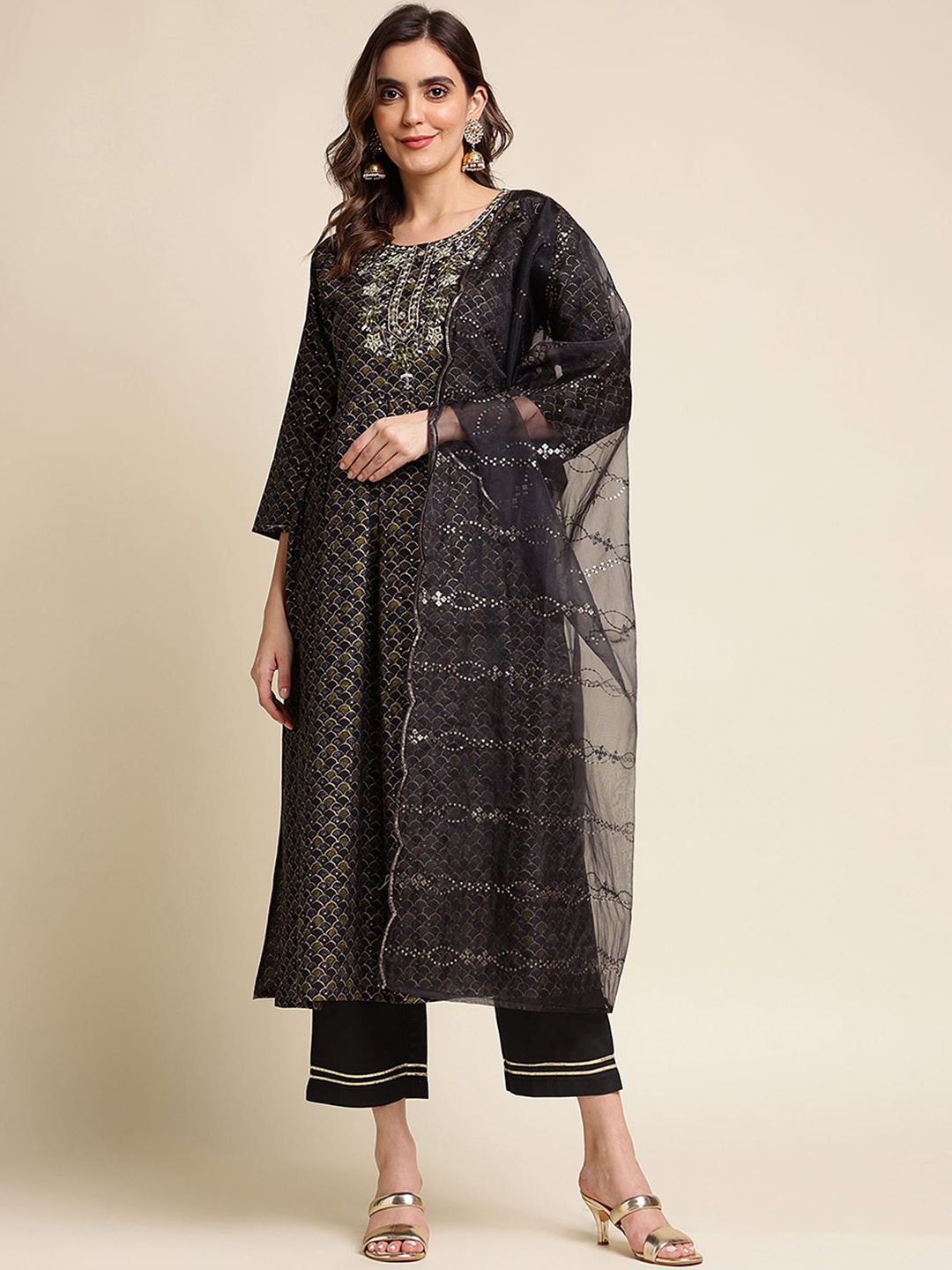 Sangria Ethnic Motif Printed Mirror Work Chanderi Cotton Kurta With Trouser & Dupatta, Black
Sangria Ethnic Motif Printed Mirror Work Chanderi Cotton Kurta With Trouser & Dupatta, Black