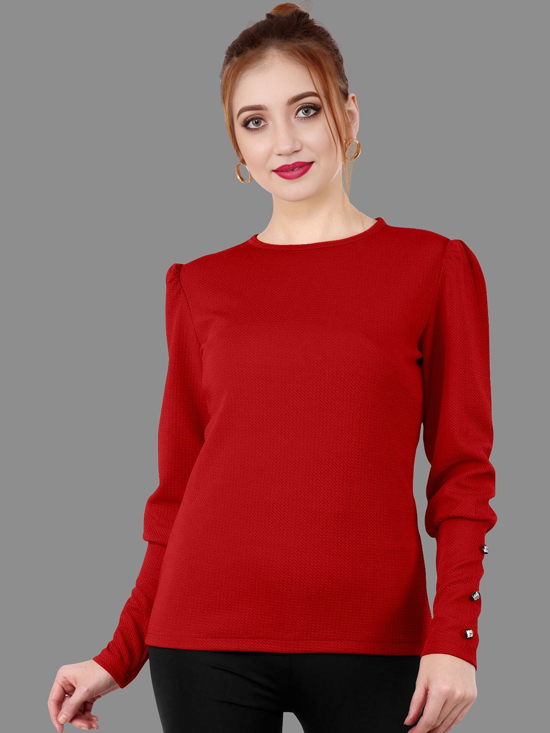 APNISHA Puff Sleeves Top, Red
