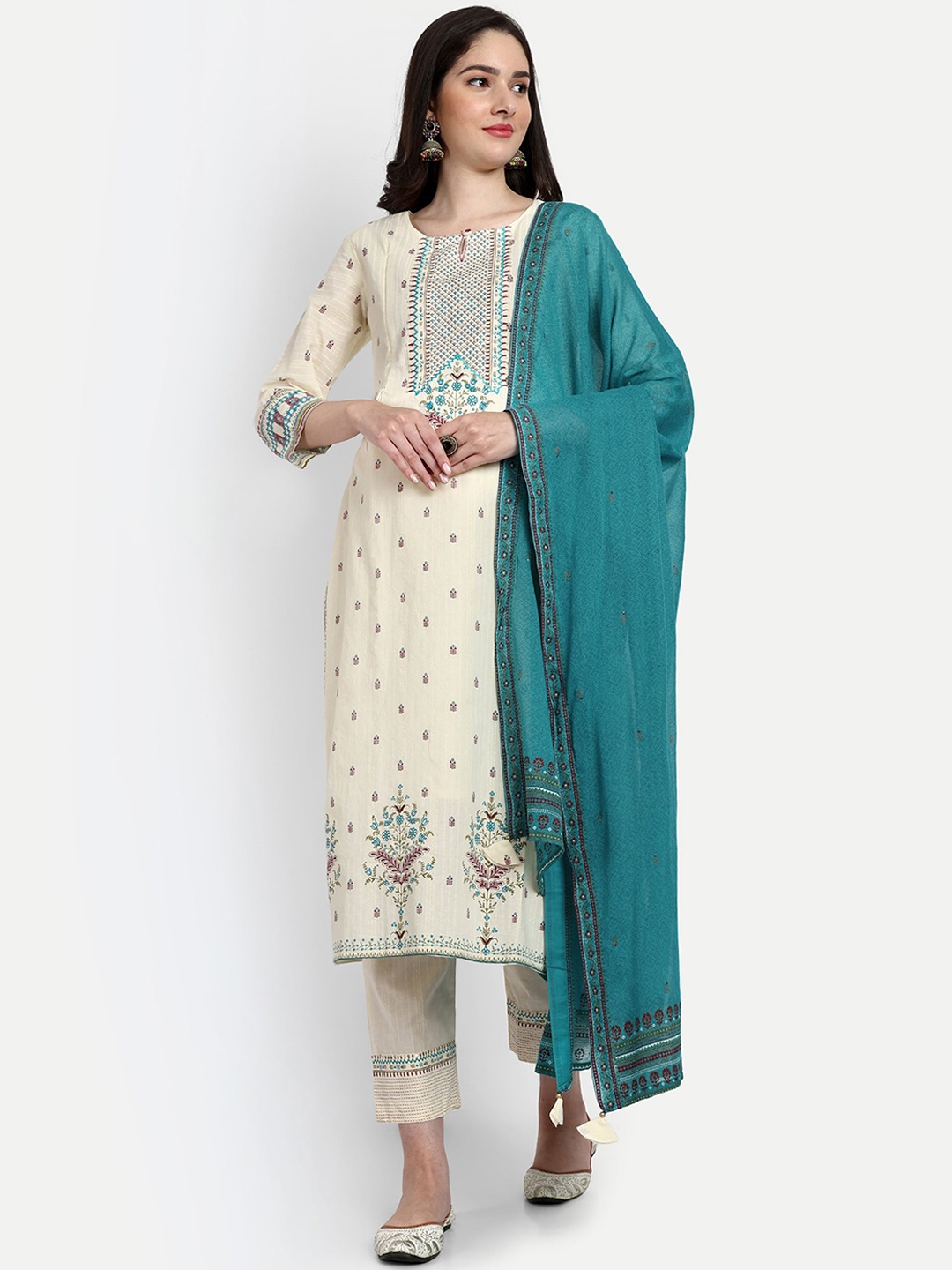 mumzhug Ethnic Printed Regular Thread Work Cotton Maternity Kurta With Trousers & Dupatta, Cream