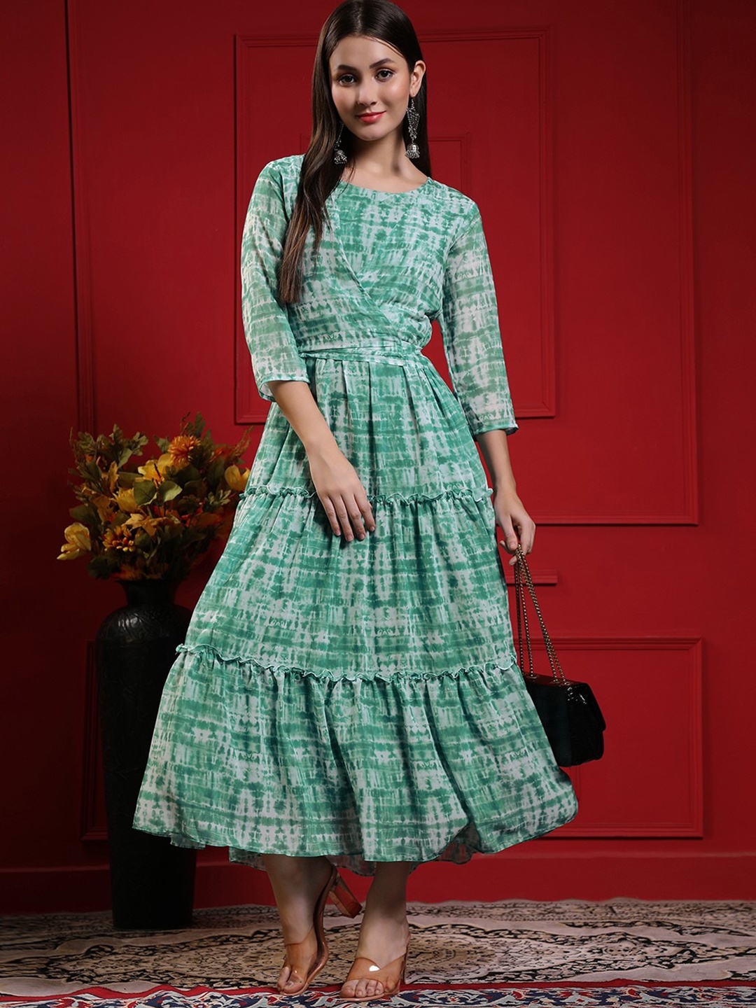 BLACK SCISSOR Tie & Dye Printed Gathered Tiered Georgette Fit & Flare Maxi Ethnic Dress, Green
BLACK SCISSOR Tie & Dye Printed Gathered Tiered Georgette Fit & Flare Maxi Ethnic Dress, Green