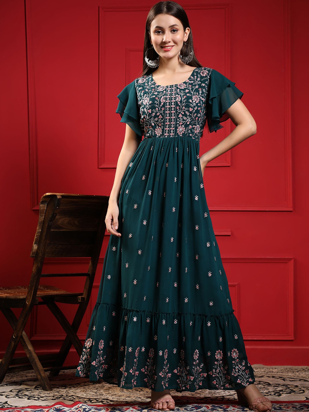 BLACK SCISSOR Floral Embroidered Flared Sleeves Gathered Georgette Maxi Ethnic Dresses, Teal
BLACK SCISSOR Floral Embroidered Flared Sleeves Gathered Georgette Maxi Ethnic Dresses, Teal