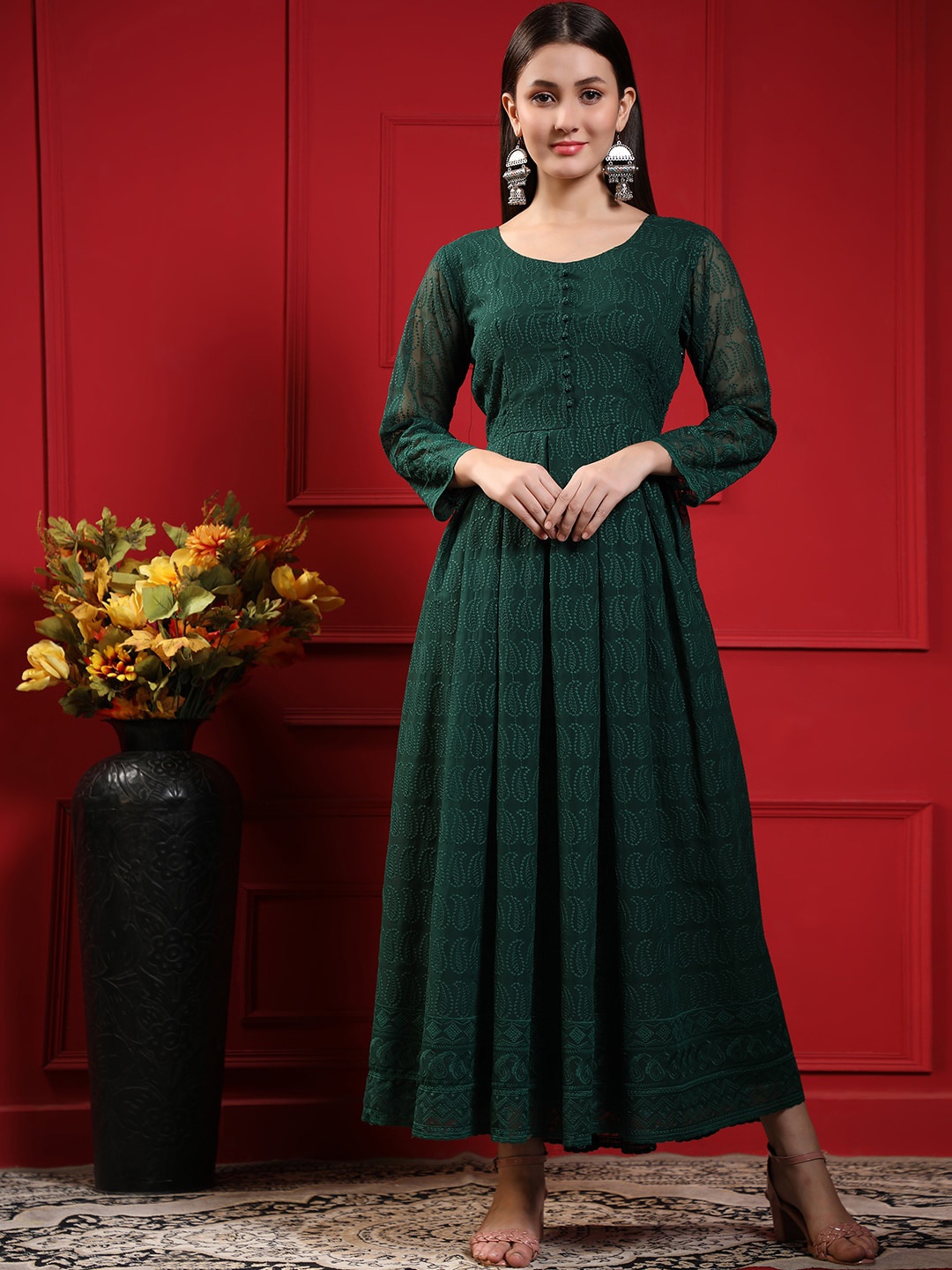 BLACK SCISSOR Self Design Embroidered Georgette Fit and Flare Maxi Ethnic Dress, Green
BLACK SCISSOR Self Design Embroidered Georgette Fit and Flare Maxi Ethnic Dress, Green