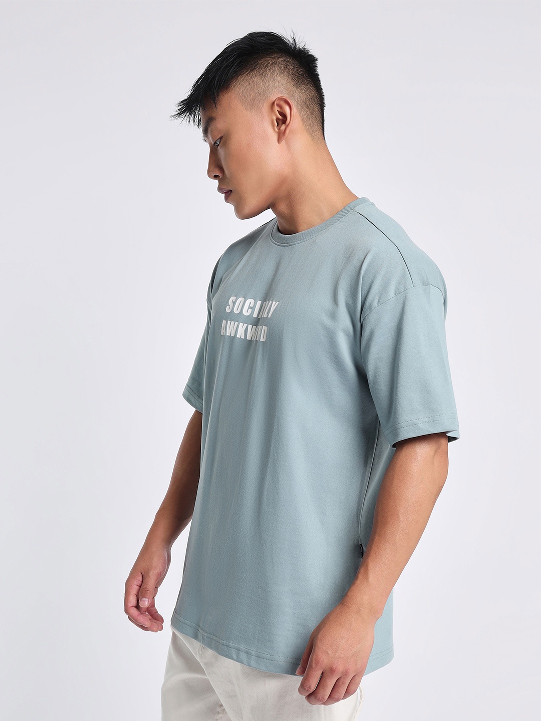 Beyoung Typography Printed Cotton Oversized T-shirt, Blue