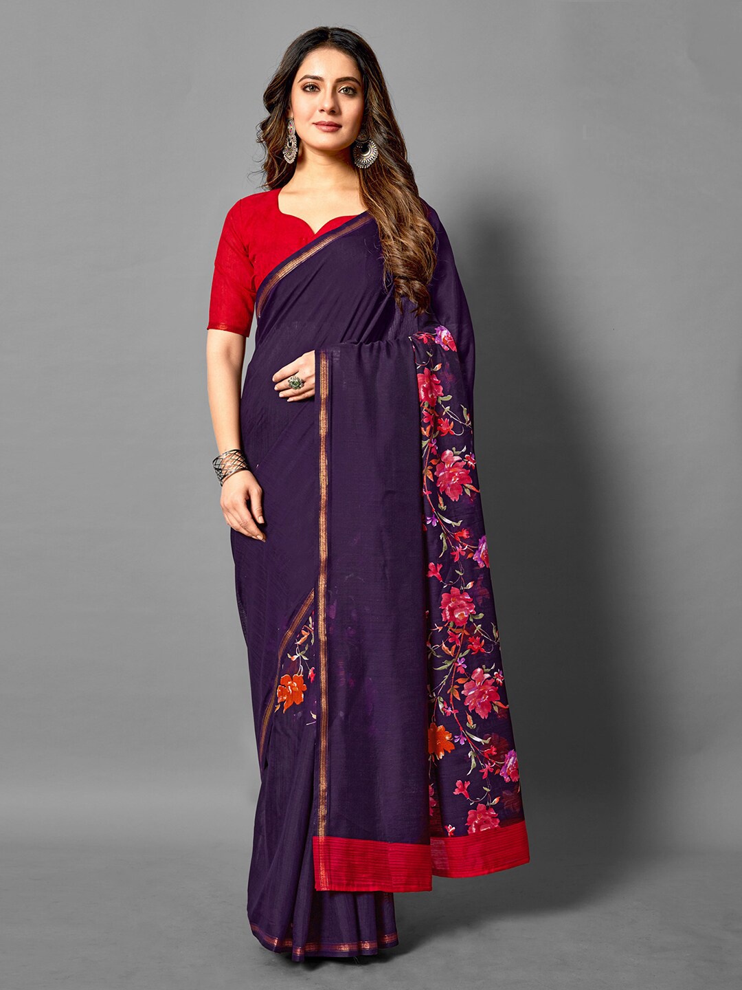 Anouk Floral Zari Linen Blend Bagh Saree, Purple