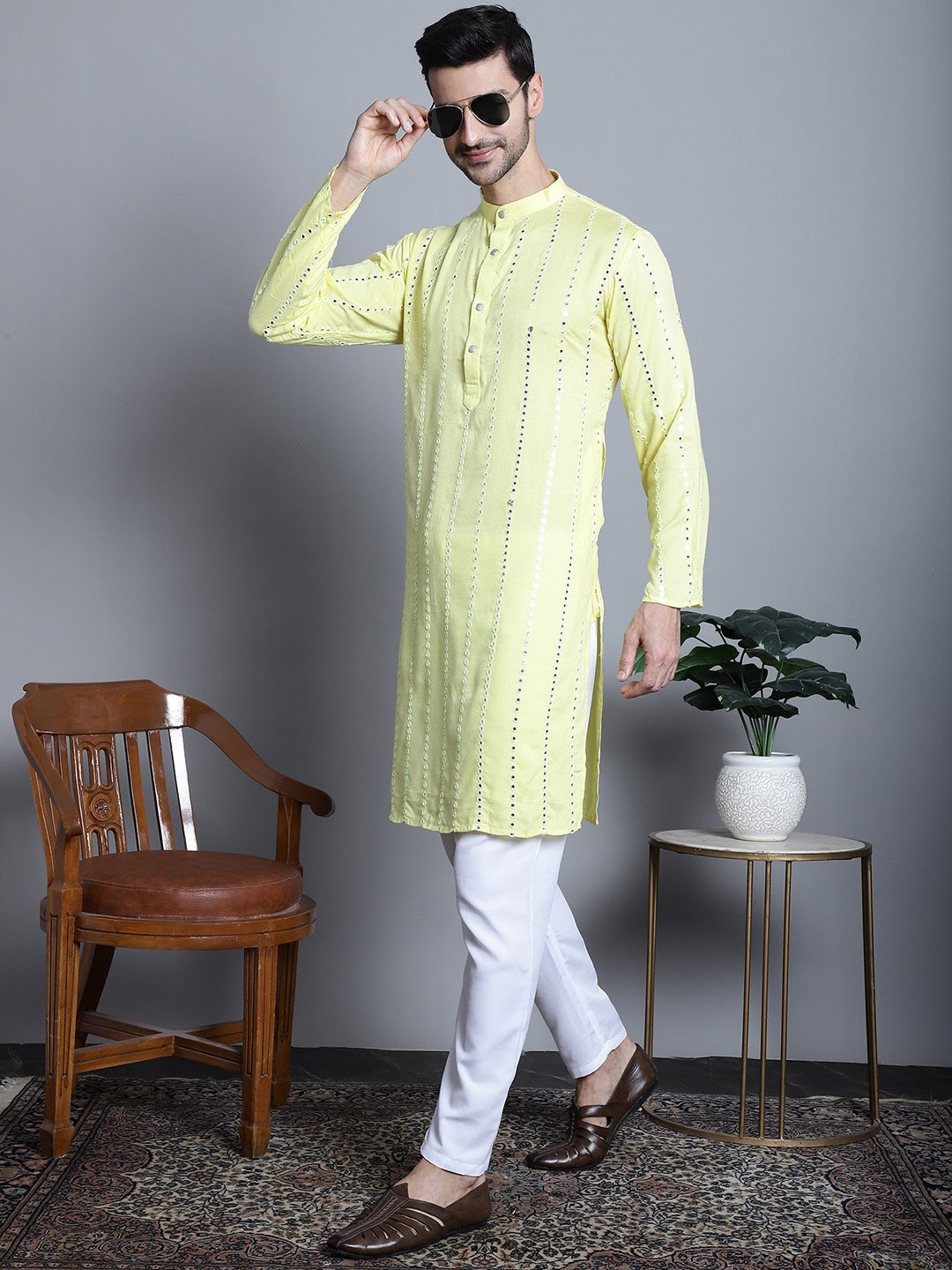 Jompers Geometric Embroidered Band Collar Mirror Work Straight Kurta with Pyjamas, Yellow
Jompers Geometric Embroidered Band Collar Mirror Work Straight Kurta with Pyjamas, Yellow