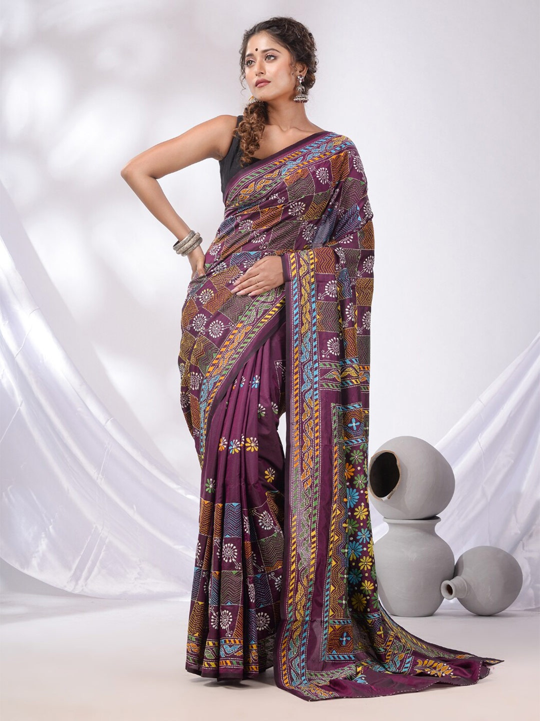 Charukriti Floral Embroidered Kantha Work Saree, Purple