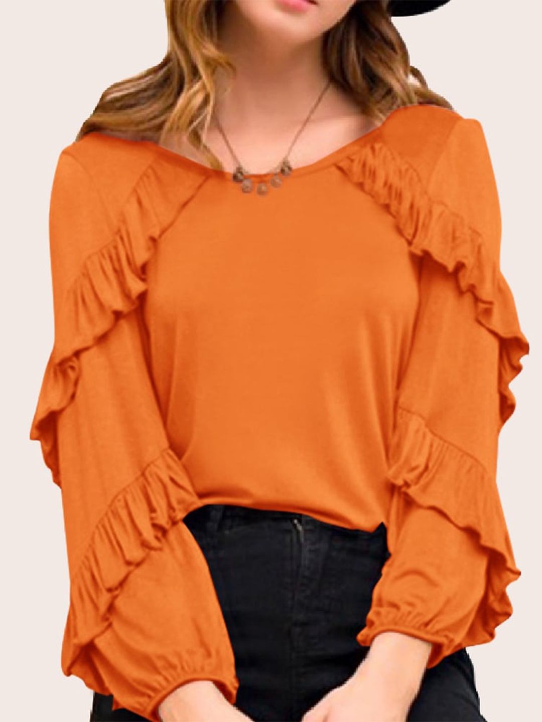Eyebogler Puff Sleeves Ruffles Detail Top, Orange
